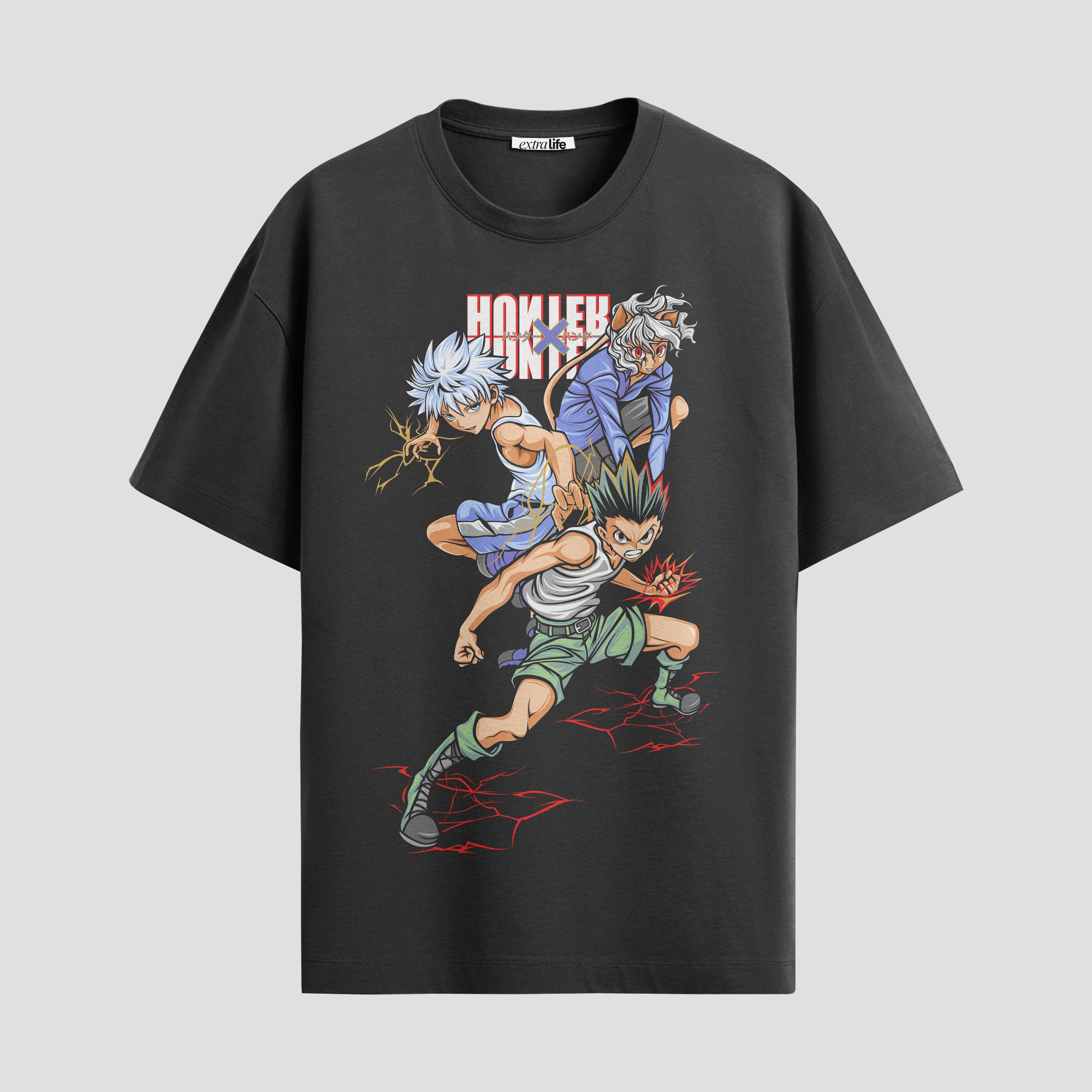 Playera urbana de anime y gaming ExtraLife MX, corte Standard Fit unisex ligero y transpirable en color Deep Black y Pure White, ropa de uso diario para gym y casual.