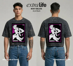 Playera streetwear premium de anime y gaming ExtraLife MX, corte boxy deluxe mineral wash heavyweight en color Acid Wash, moda urbana mexicana de culto.