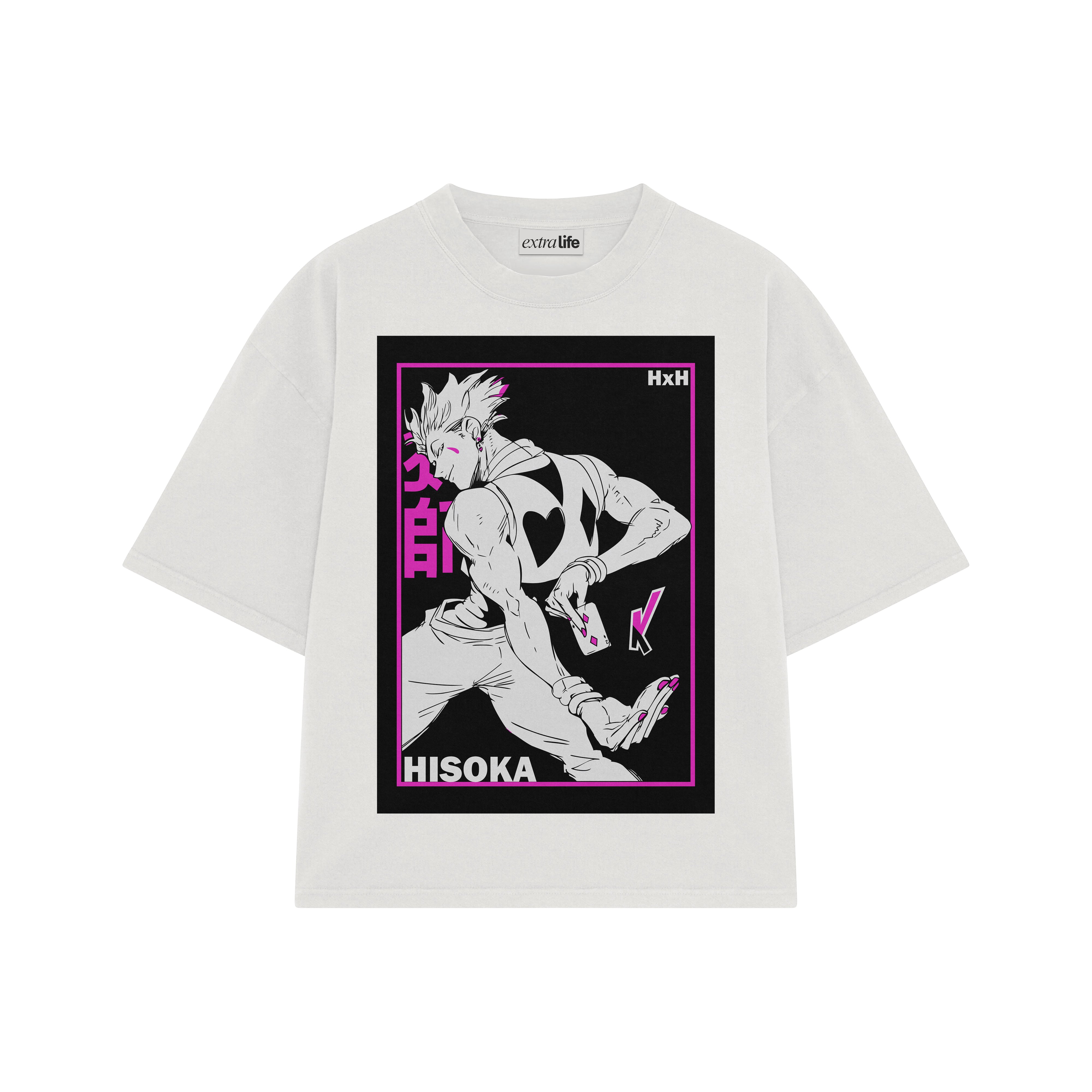 Playera streetwear premium de anime y gaming ExtraLife MX, corte boxy oversized drop shoulder heavyweight en color Deep Black y Off-White, moda urbana mexicana de culto.