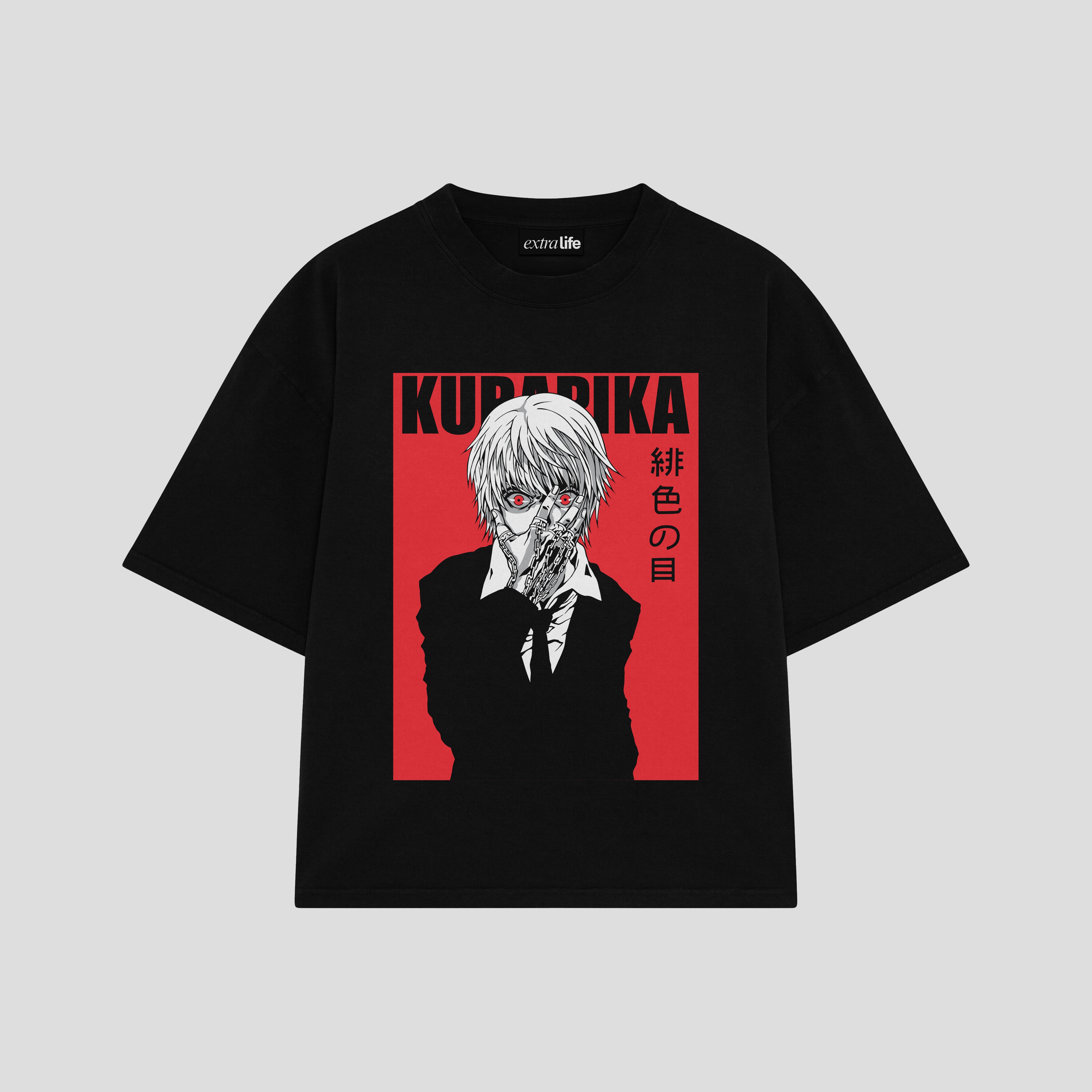 Playera streetwear premium de anime y gaming ExtraLife MX, corte boxy oversized drop shoulder heavyweight en color Deep Black y Off-White, moda urbana mexicana de culto.