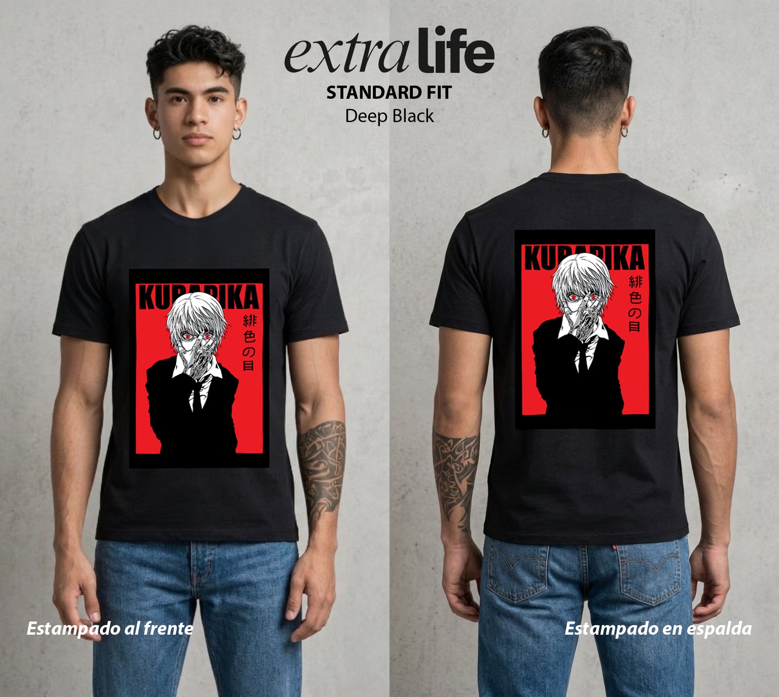 La Prueba del Cazador | Ojos Carmesí #04789 - Playera Standard Fit | Deep Black - Foto en modelo
