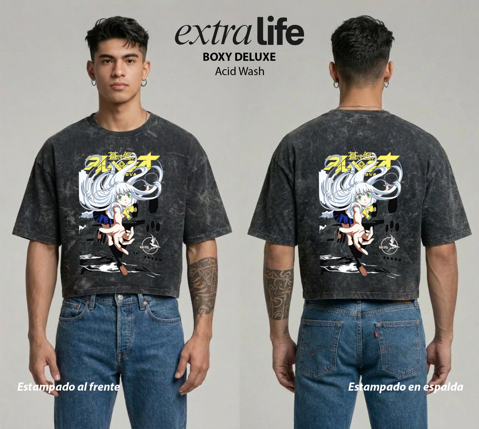 Playera streetwear premium de anime y gaming ExtraLife MX, corte boxy deluxe mineral wash heavyweight en color Acid Wash, moda urbana mexicana de culto.