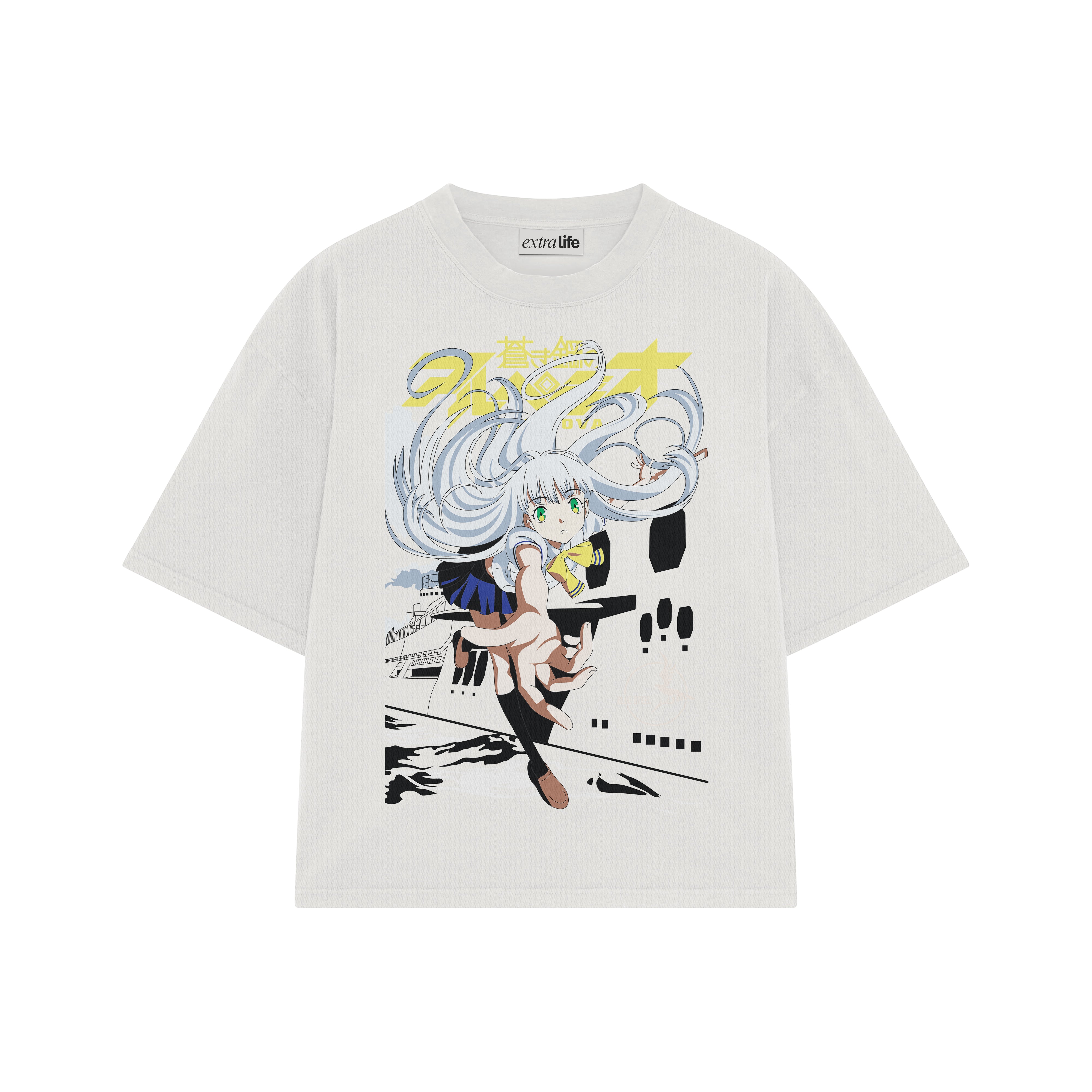Playera streetwear premium de anime y gaming ExtraLife MX, corte boxy oversized drop shoulder heavyweight en color Deep Black y Off-White, moda urbana mexicana de culto.