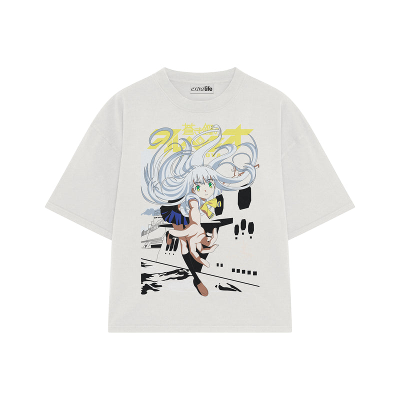 Playera streetwear premium de anime y gaming ExtraLife MX, corte boxy oversized drop shoulder heavyweight en color Deep Black y Off-White, moda urbana mexicana de culto.