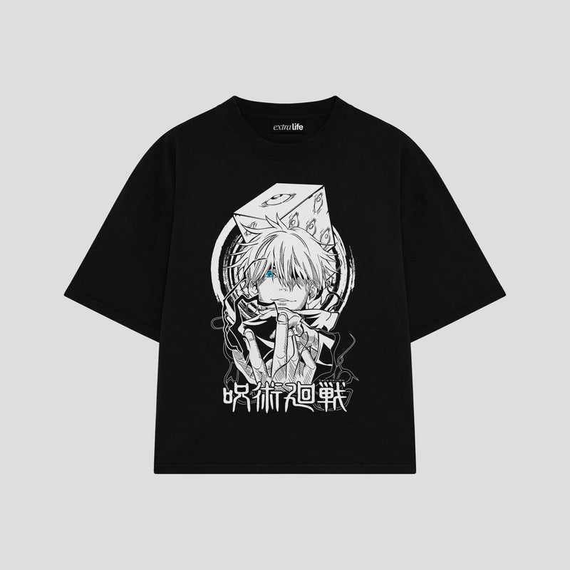 Playera streetwear premium de anime y gaming ExtraLife MX, corte boxy oversized drop shoulder heavyweight en color Deep Black y Off-White, moda urbana mexicana de culto.