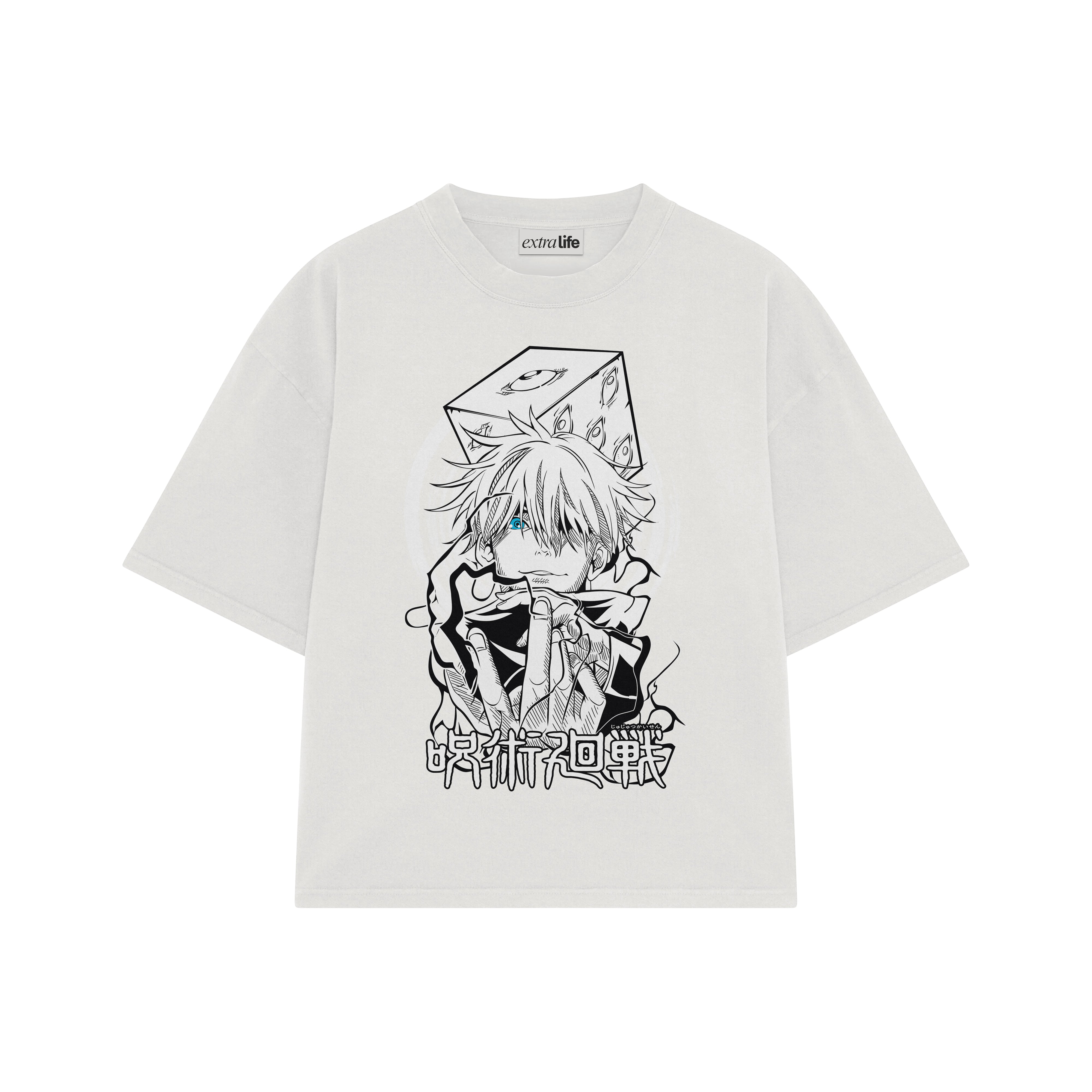 Playera streetwear premium de anime y gaming ExtraLife MX, corte boxy oversized drop shoulder heavyweight en color Deep Black y Off-White, moda urbana mexicana de culto.