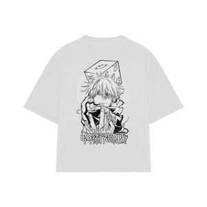 Playera streetwear premium de anime y gaming ExtraLife MX, corte boxy oversized drop shoulder heavyweight en color Deep Black y Off-White, moda urbana mexicana de culto.