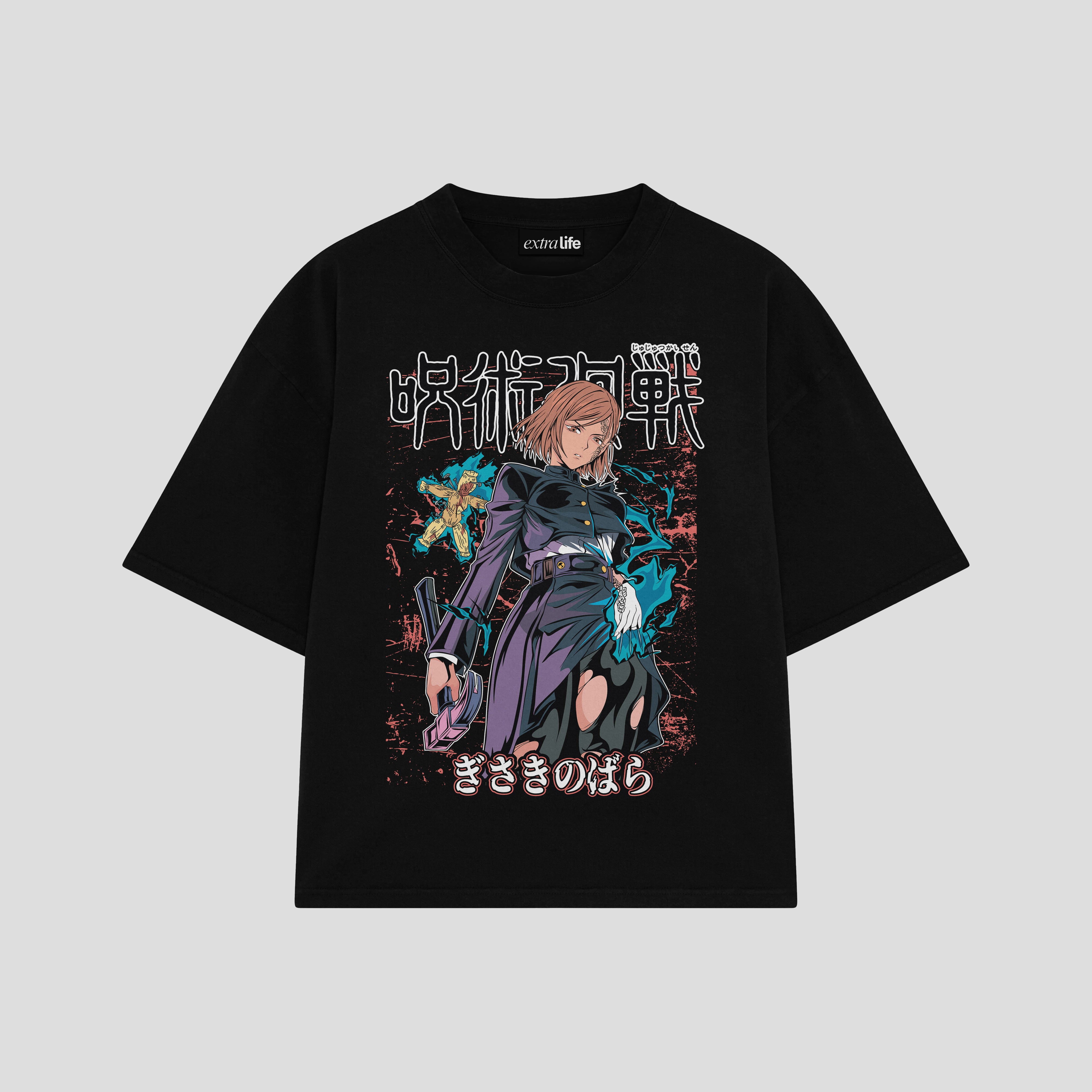 Playera streetwear premium de anime y gaming ExtraLife MX, corte boxy oversized drop shoulder heavyweight en color Deep Black y Off-White, moda urbana mexicana de culto.