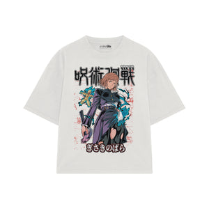 Playera streetwear premium de anime y gaming ExtraLife MX, corte boxy oversized drop shoulder heavyweight en color Deep Black y Off-White, moda urbana mexicana de culto.