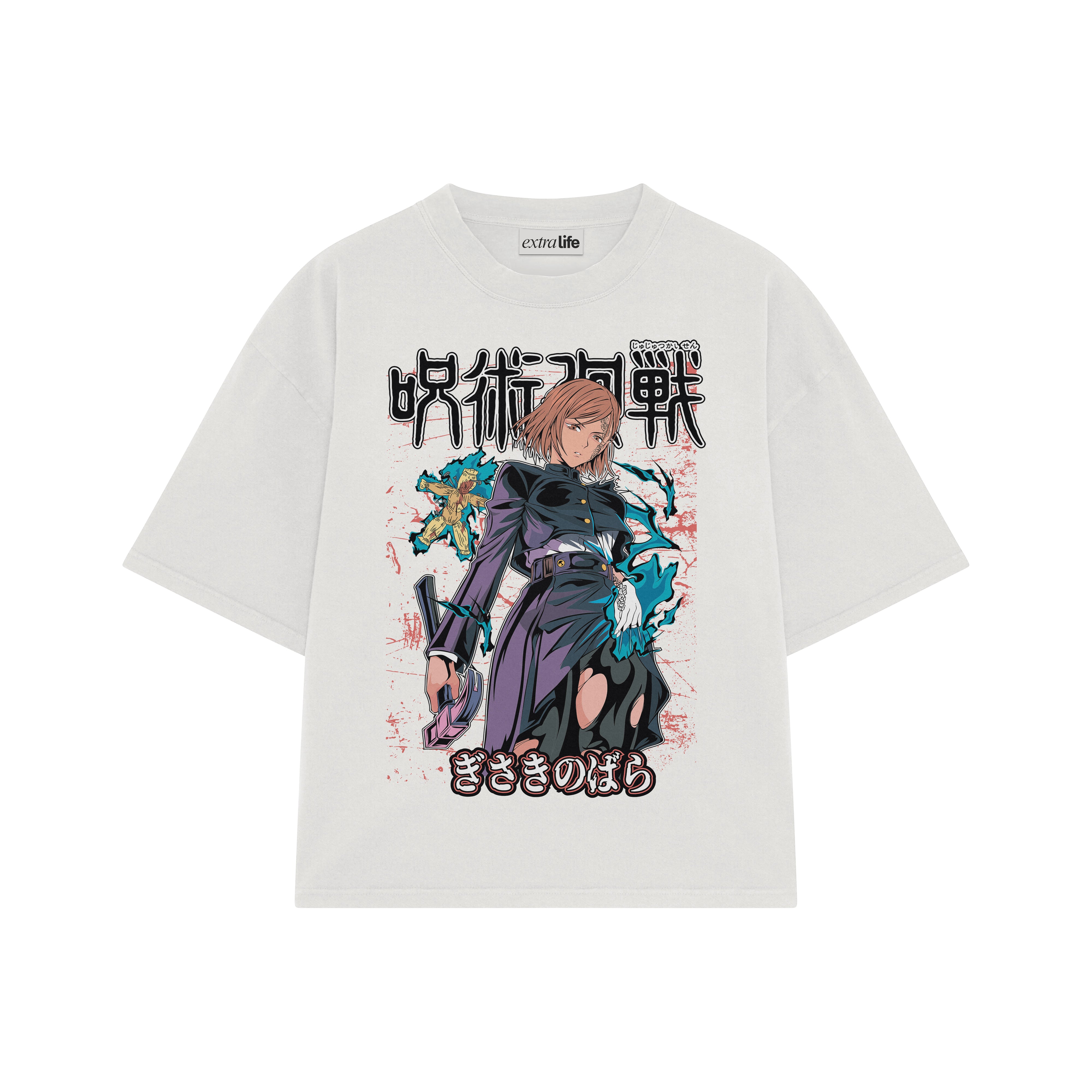 Playera streetwear premium de anime y gaming ExtraLife MX, corte boxy oversized drop shoulder heavyweight en color Deep Black y Off-White, moda urbana mexicana de culto.
