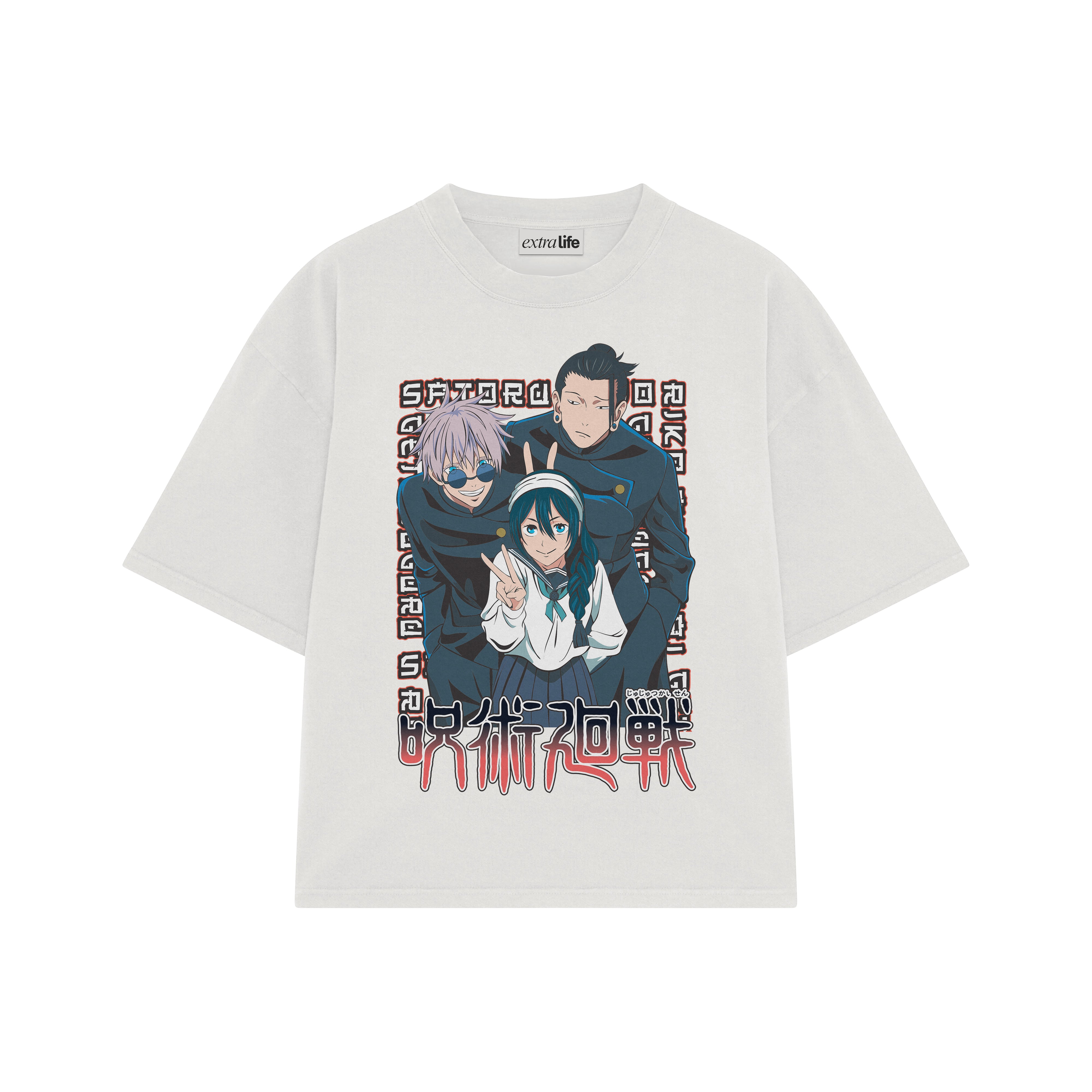 Playera streetwear premium de anime y gaming ExtraLife MX, corte boxy oversized drop shoulder heavyweight en color Deep Black y Off-White, moda urbana mexicana de culto.