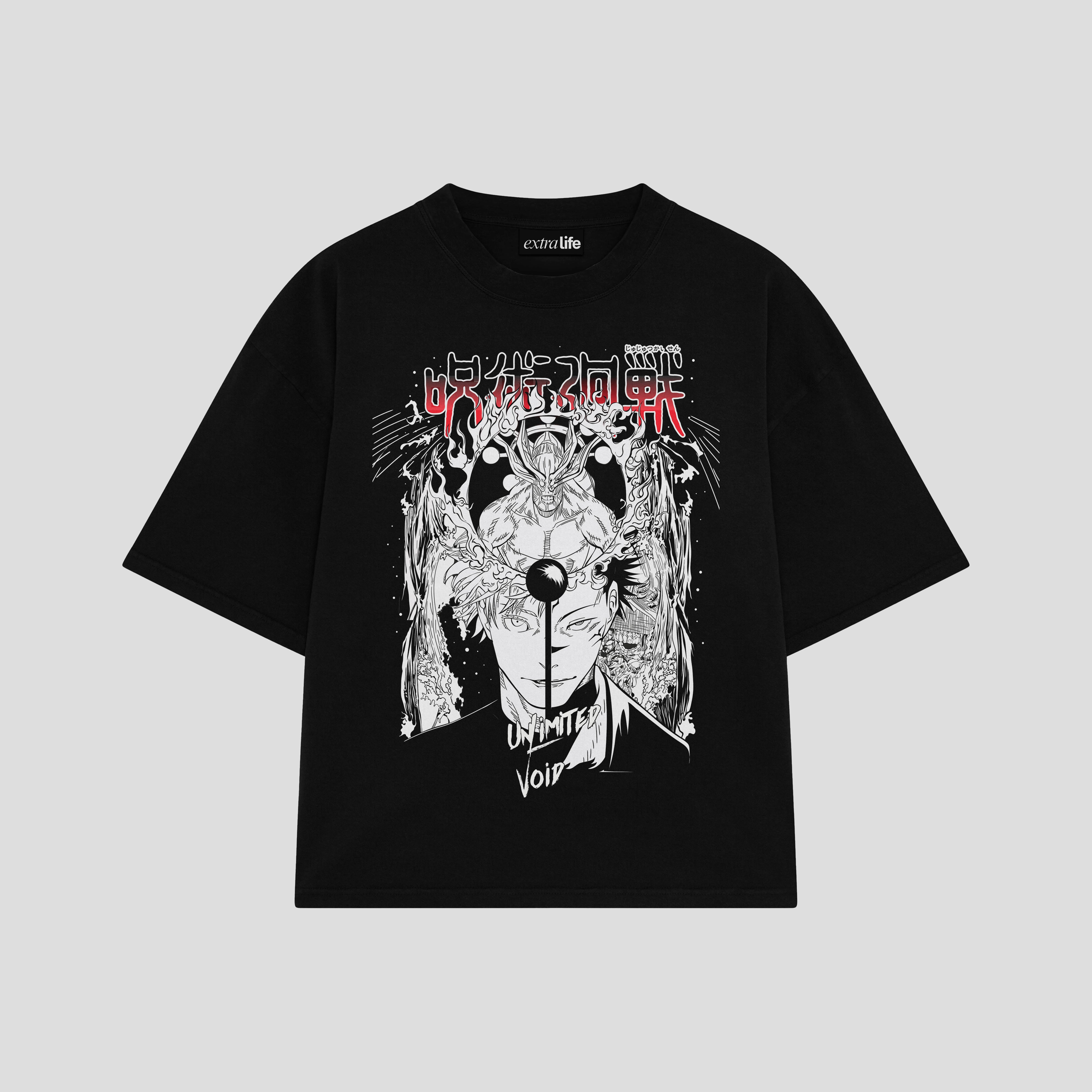 Playera streetwear premium de anime y gaming ExtraLife MX, corte boxy oversized drop shoulder heavyweight en color Deep Black y Off-White, moda urbana mexicana de culto.