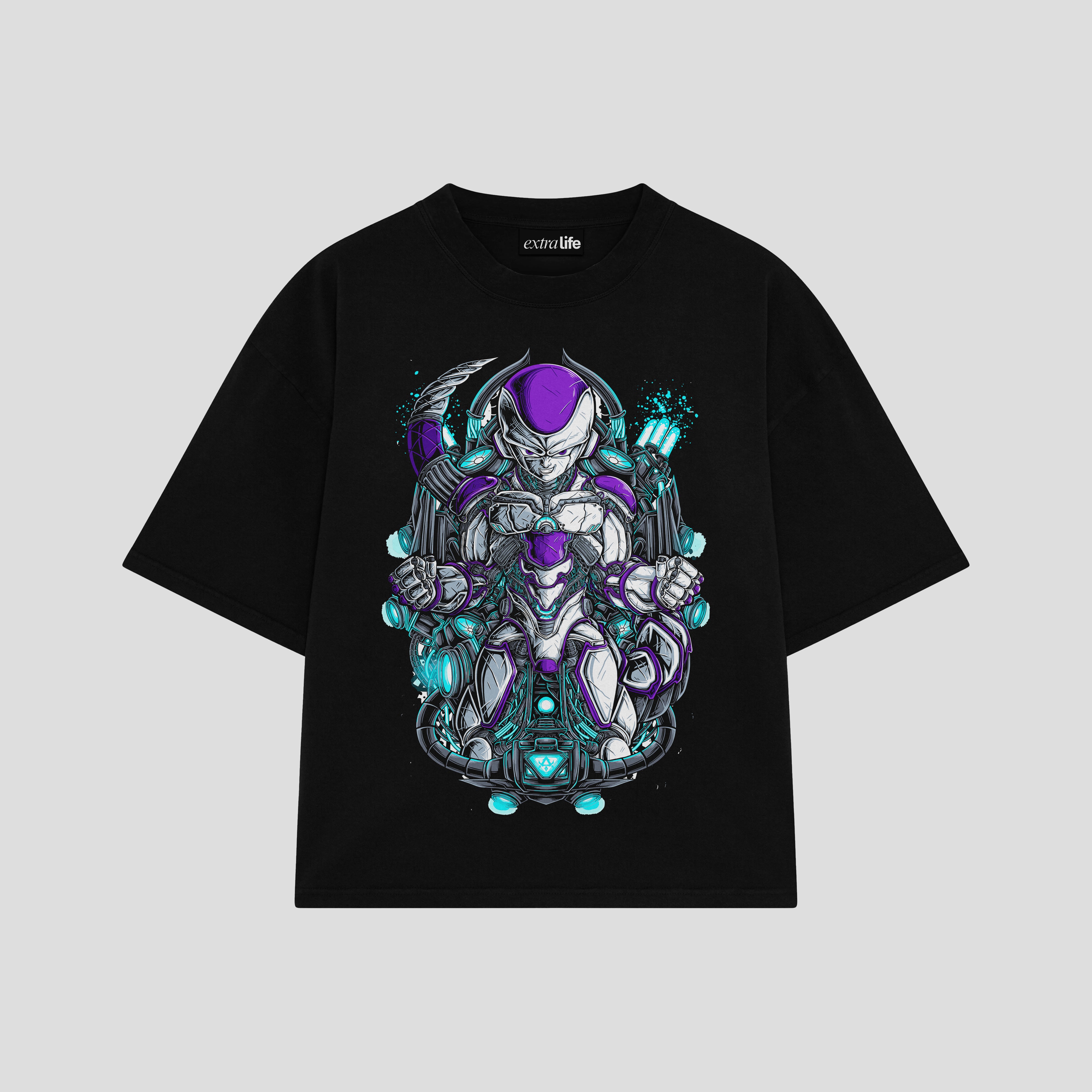 Playera streetwear premium de anime y gaming ExtraLife MX, corte boxy oversized drop shoulder heavyweight en color Deep Black y Off-White, moda urbana mexicana de culto.
