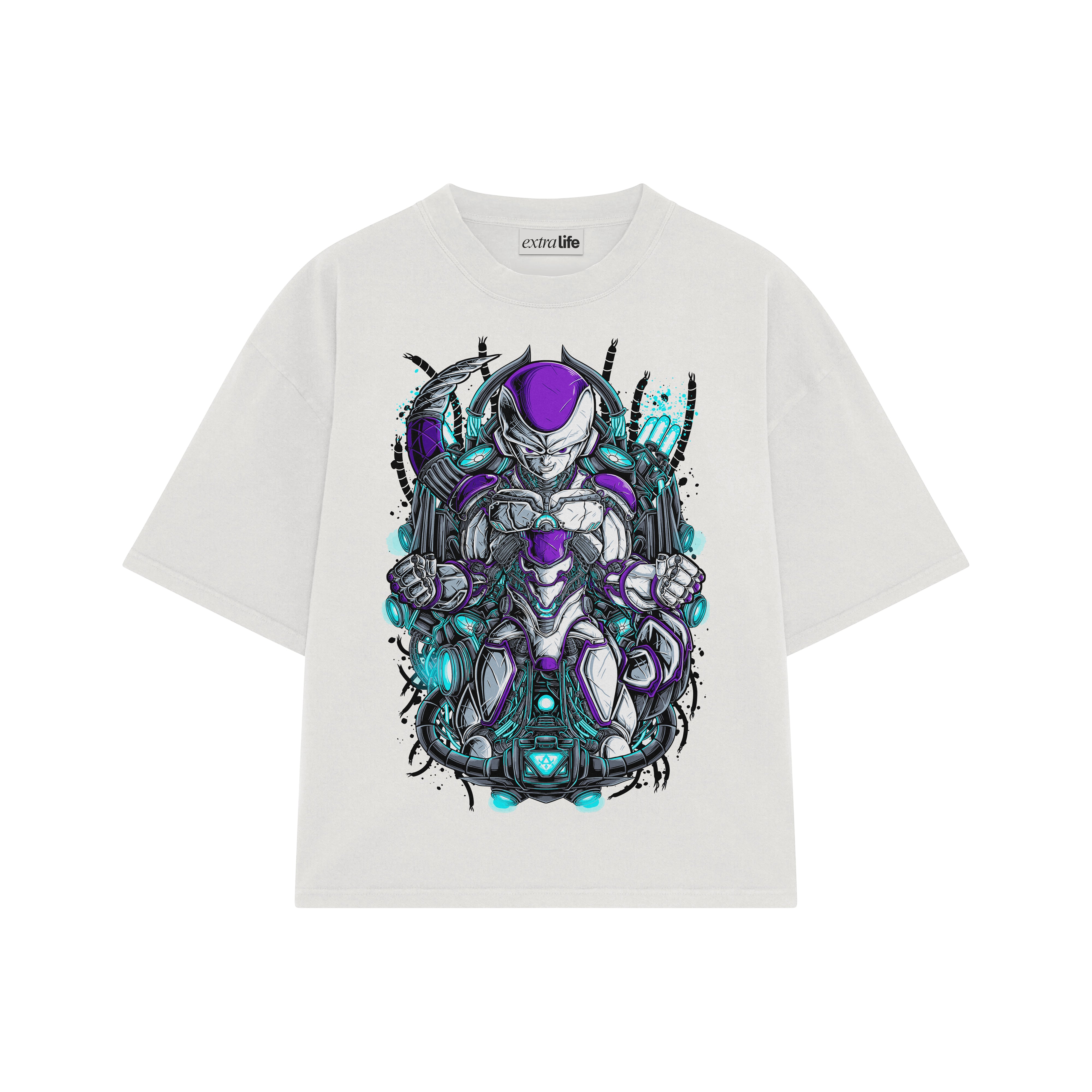 Playera streetwear premium de anime y gaming ExtraLife MX, corte boxy oversized drop shoulder heavyweight en color Deep Black y Off-White, moda urbana mexicana de culto.