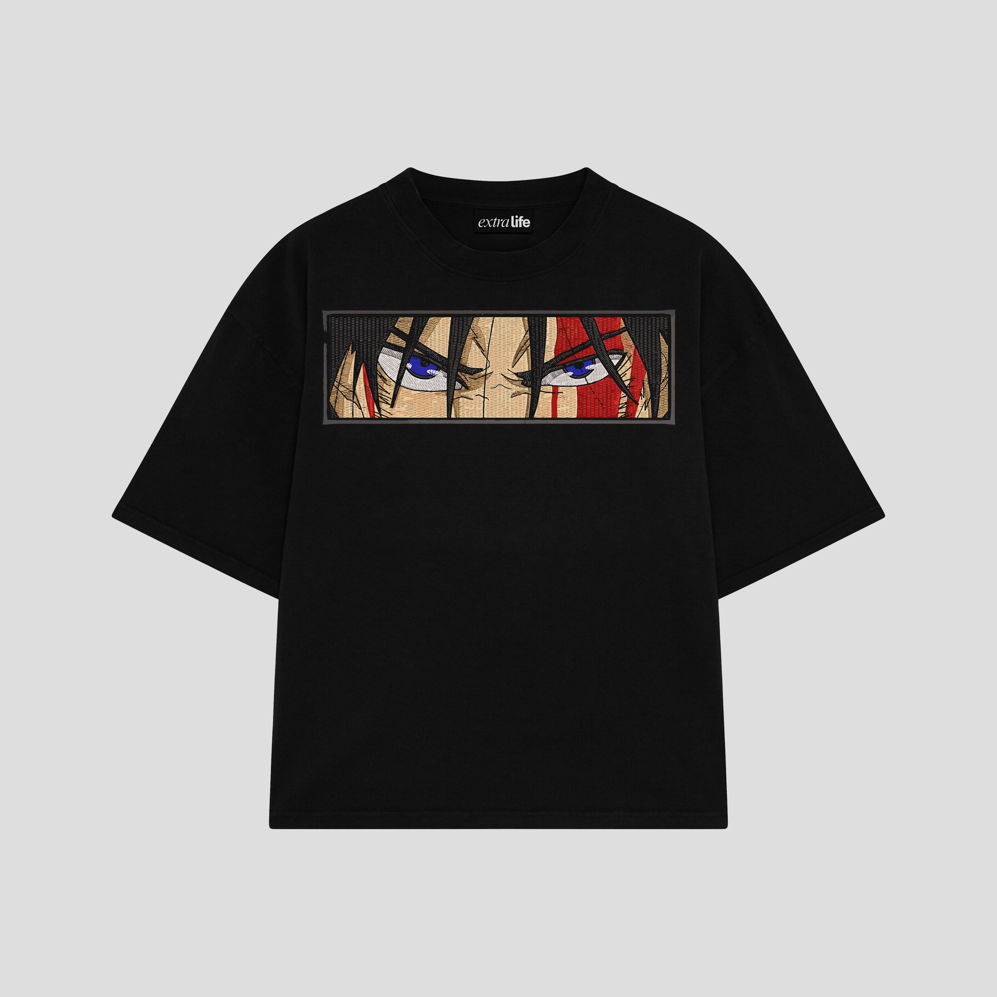 Playera streetwear premium de anime y gaming ExtraLife MX, corte boxy oversized drop shoulder heavyweight en color Deep Black y Off-White, moda urbana mexicana de culto.