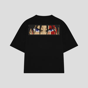 Playera streetwear premium de anime y gaming ExtraLife MX, corte boxy oversized drop shoulder heavyweight en color Deep Black y Off-White, moda urbana mexicana de culto.