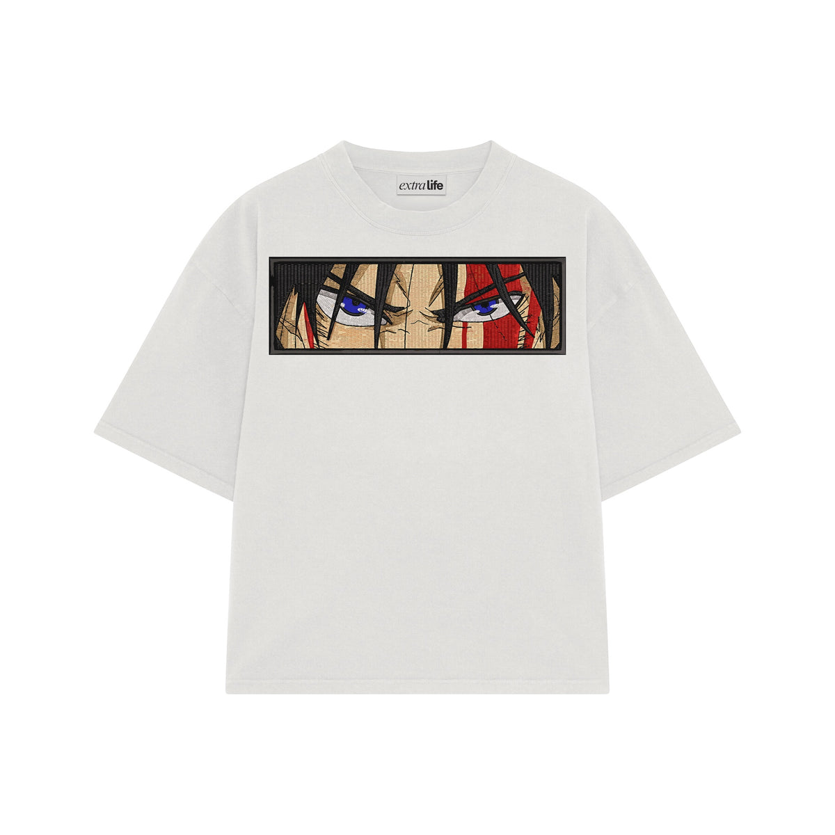 Playera streetwear premium de anime y gaming ExtraLife MX, corte oversized drop shoulder ligero y fresco en color Deep Black y Off-White, moda urbana mexicana de culto.