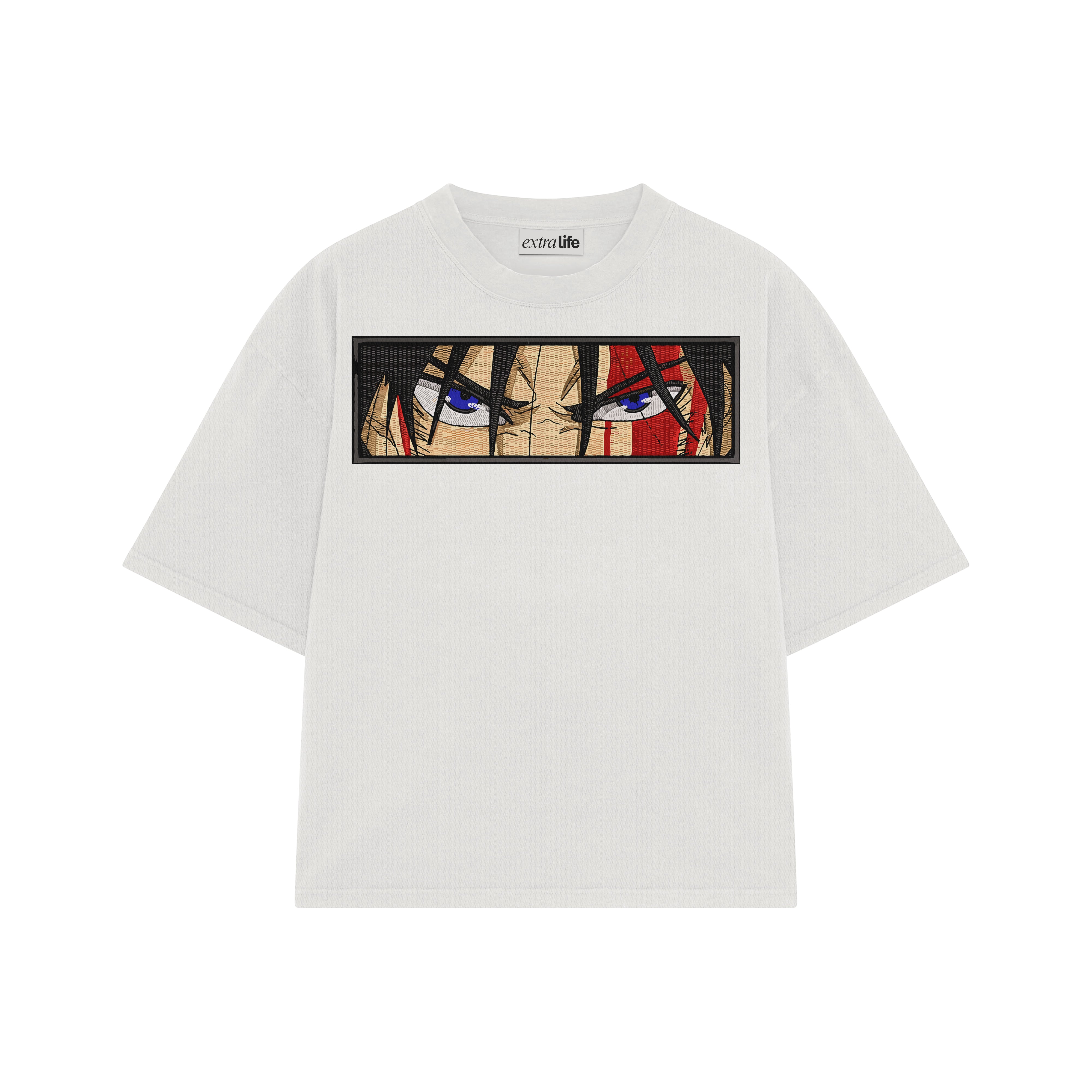 Playera streetwear premium de anime y gaming ExtraLife MX, corte boxy oversized drop shoulder heavyweight en color Deep Black y Off-White, moda urbana mexicana de culto.