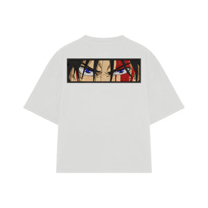 Playera streetwear premium de anime y gaming ExtraLife MX, corte boxy oversized drop shoulder heavyweight en color Deep Black y Off-White, moda urbana mexicana de culto.