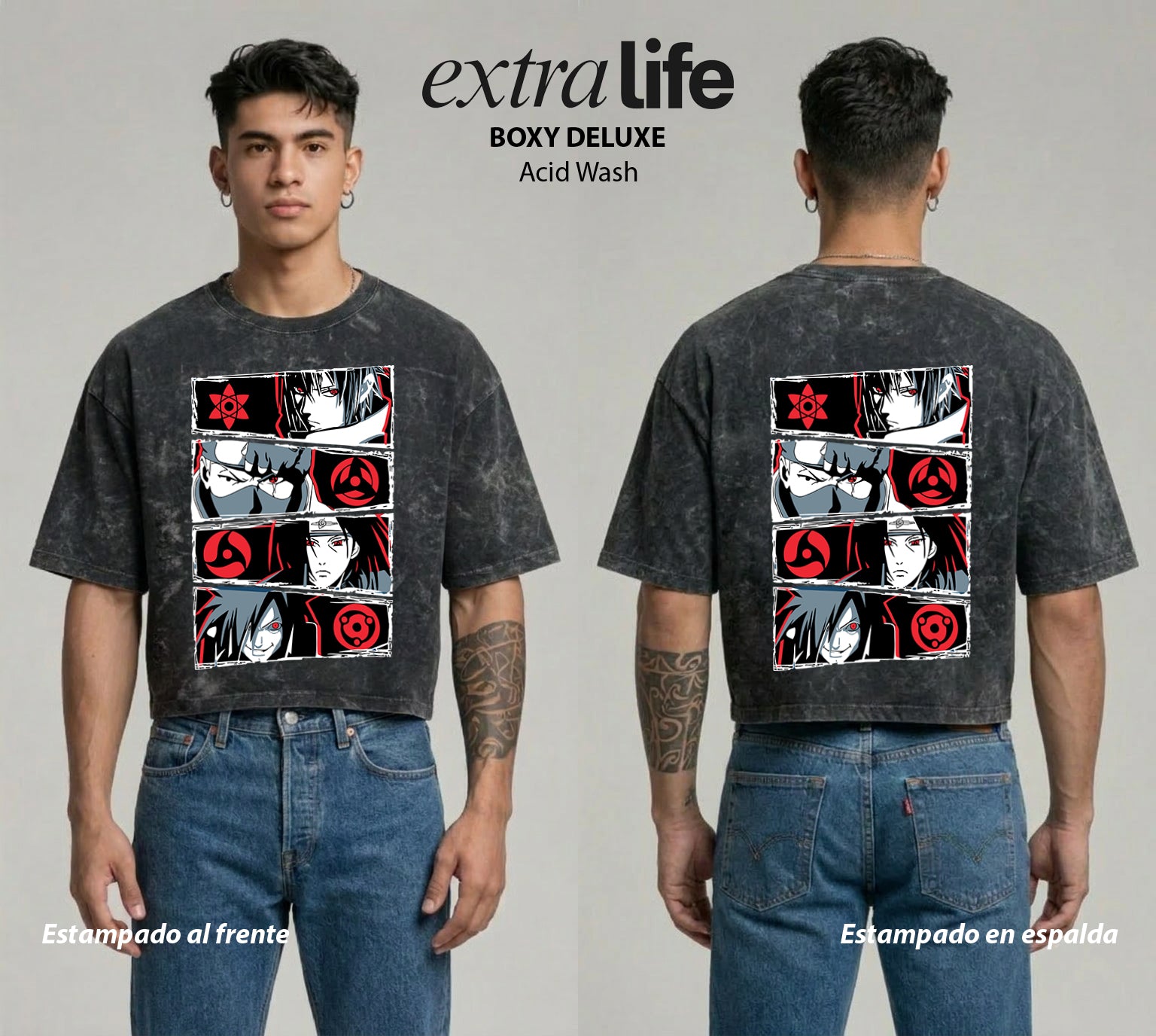 Playera streetwear premium de anime y gaming ExtraLife MX, corte boxy deluxe mineral wash heavyweight en color Acid Wash, moda urbana mexicana de culto.