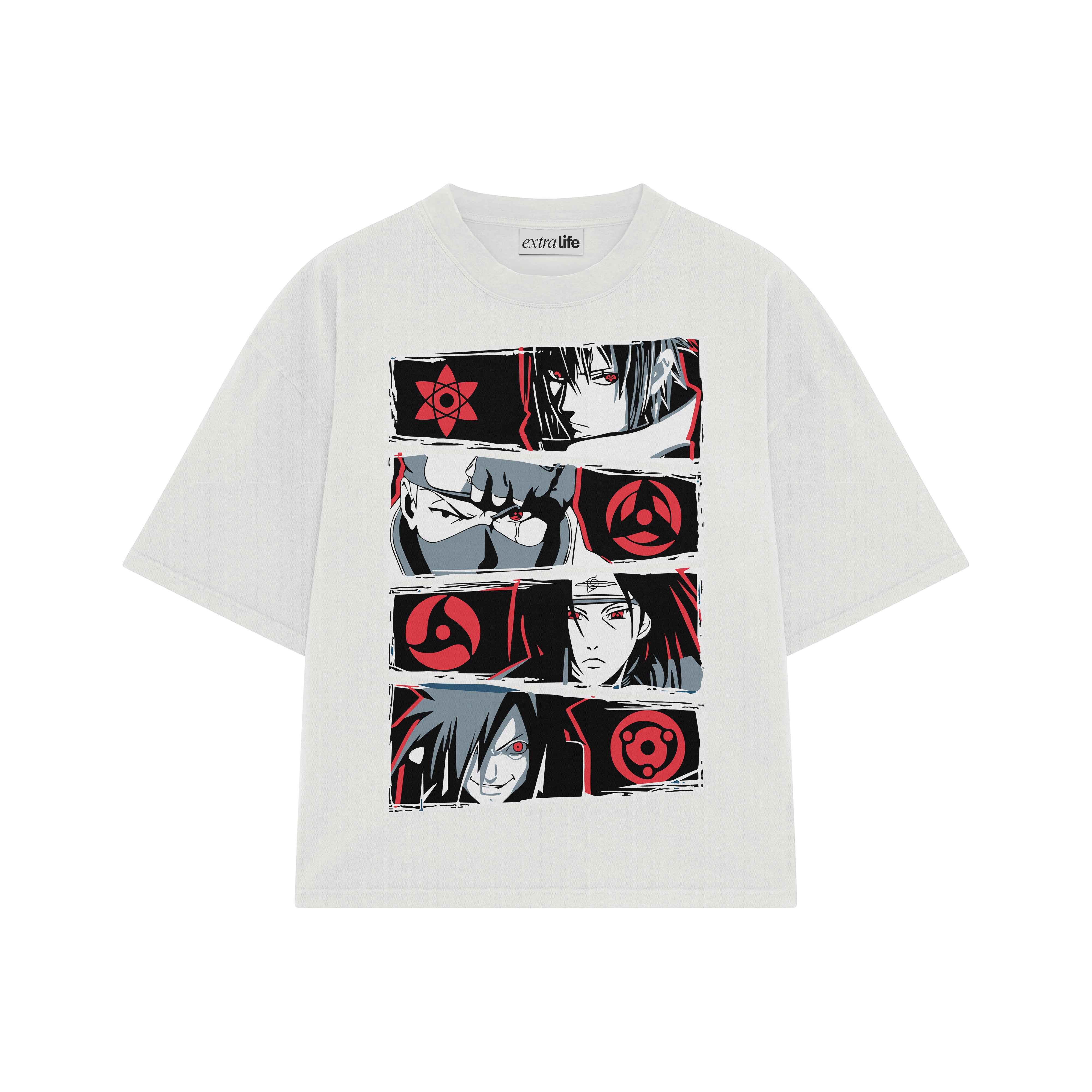 Playera streetwear premium de anime y gaming ExtraLife MX, corte boxy oversized drop shoulder heavyweight en color Deep Black y Off-White, moda urbana mexicana de culto.