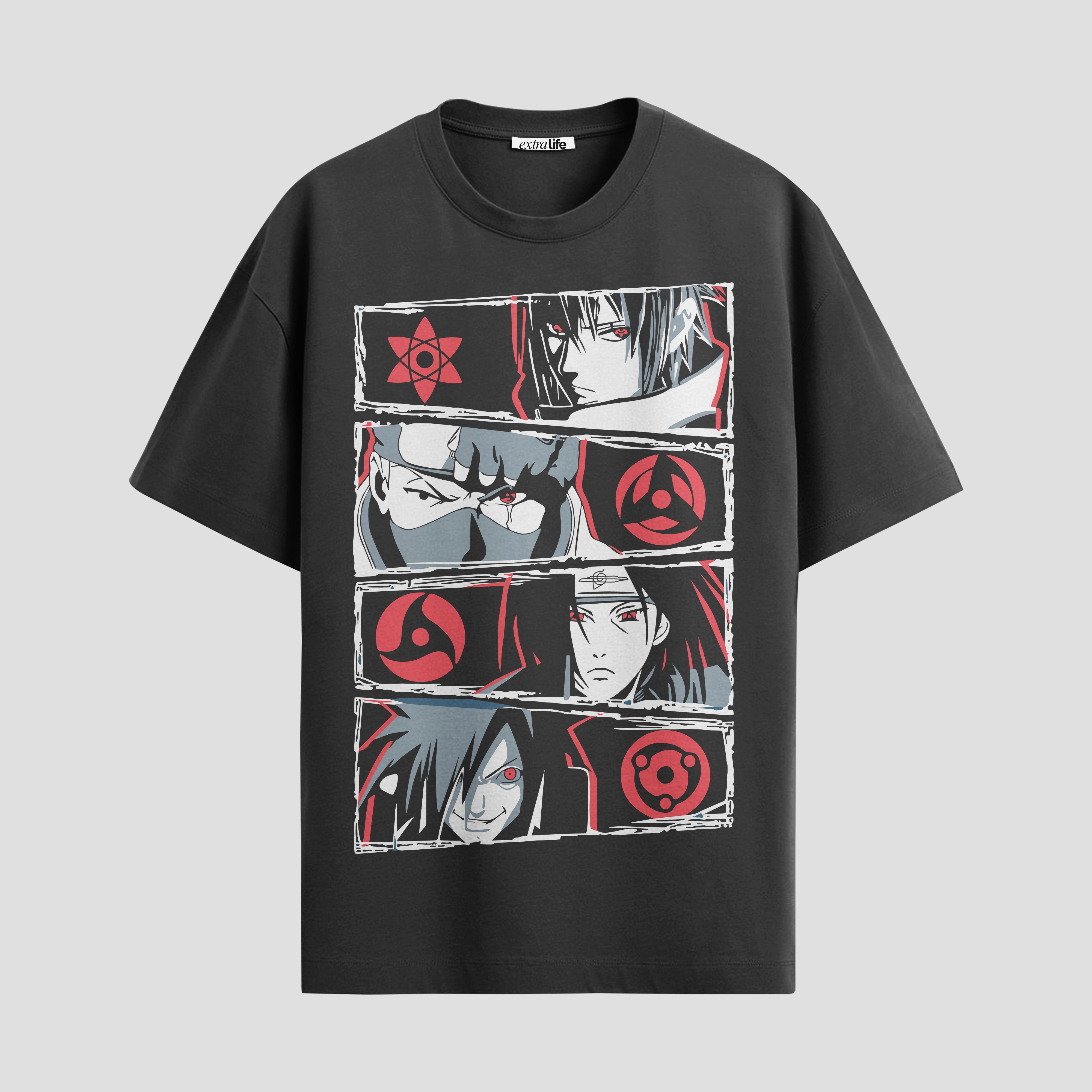 Playera urbana de anime y gaming ExtraLife MX, corte Standard Fit unisex ligero y transpirable en color Deep Black y Pure White, ropa de uso diario para gym y casual.
