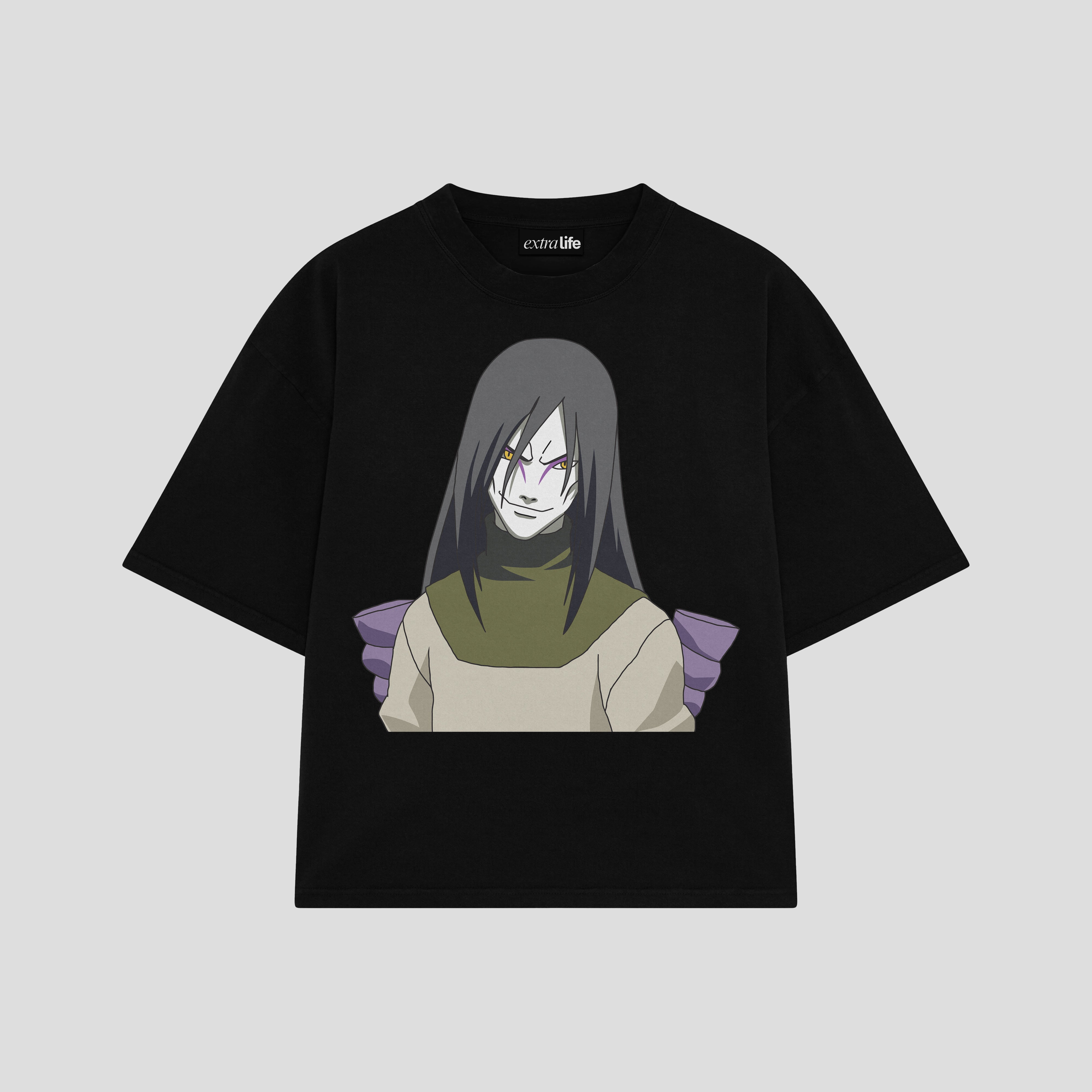 Playera streetwear premium de anime y gaming ExtraLife MX, corte boxy oversized drop shoulder heavyweight en color Deep Black y Off-White, moda urbana mexicana de culto.