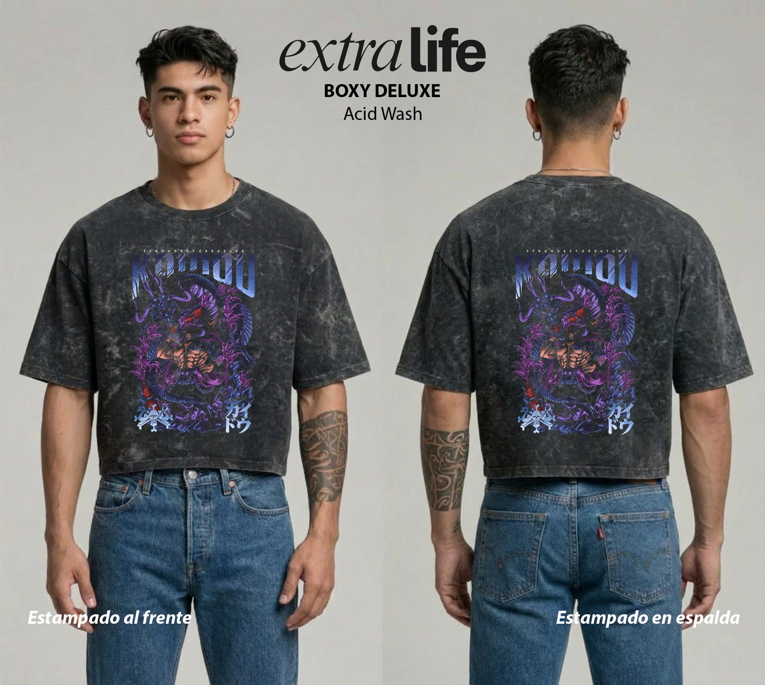 Playera streetwear premium de anime y gaming ExtraLife MX, corte boxy deluxe mineral wash heavyweight en color Acid Wash, moda urbana mexicana de culto.