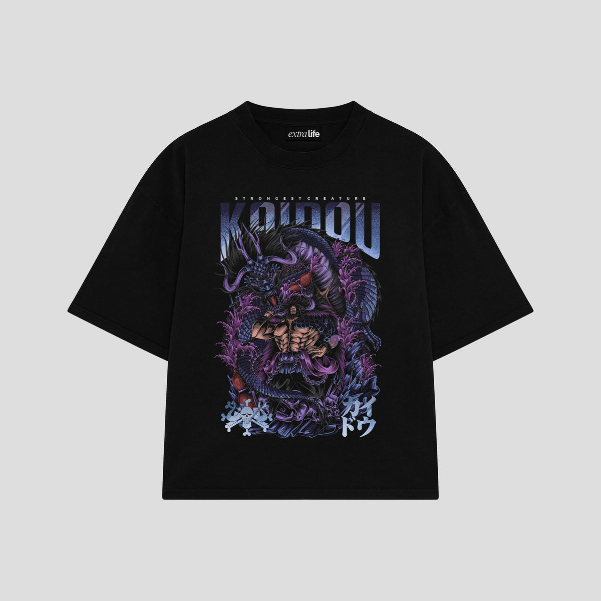 Playera streetwear premium de anime y gaming ExtraLife MX, corte oversized drop shoulder ligero y fresco en color Deep Black y Off-White, moda urbana mexicana de culto.