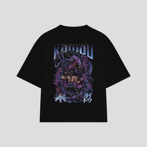Playera streetwear premium de anime y gaming ExtraLife MX, corte boxy oversized drop shoulder heavyweight en color Deep Black y Off-White, moda urbana mexicana de culto.