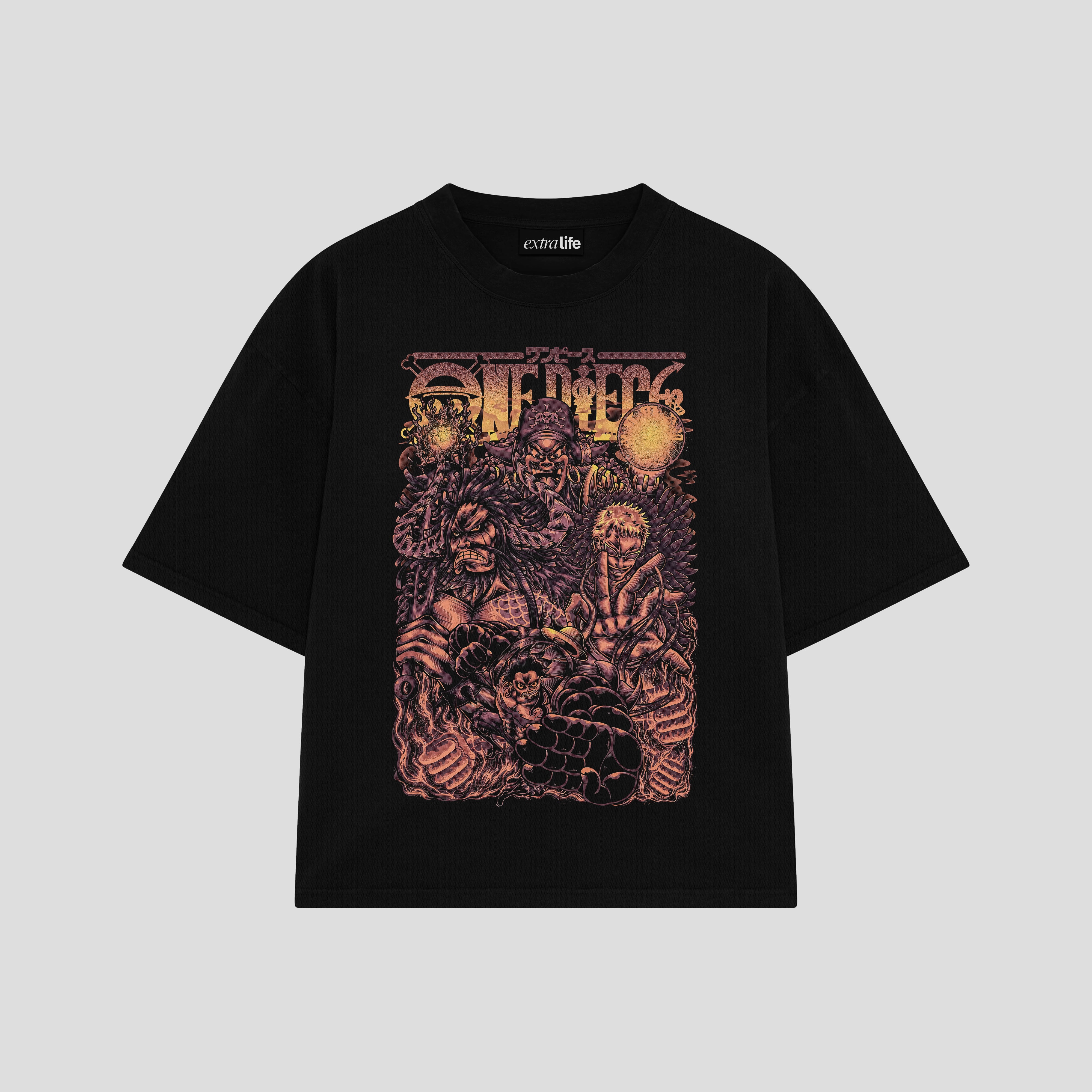 Playera streetwear premium de anime y gaming ExtraLife MX, corte boxy oversized drop shoulder heavyweight en color Deep Black y Off-White, moda urbana mexicana de culto.