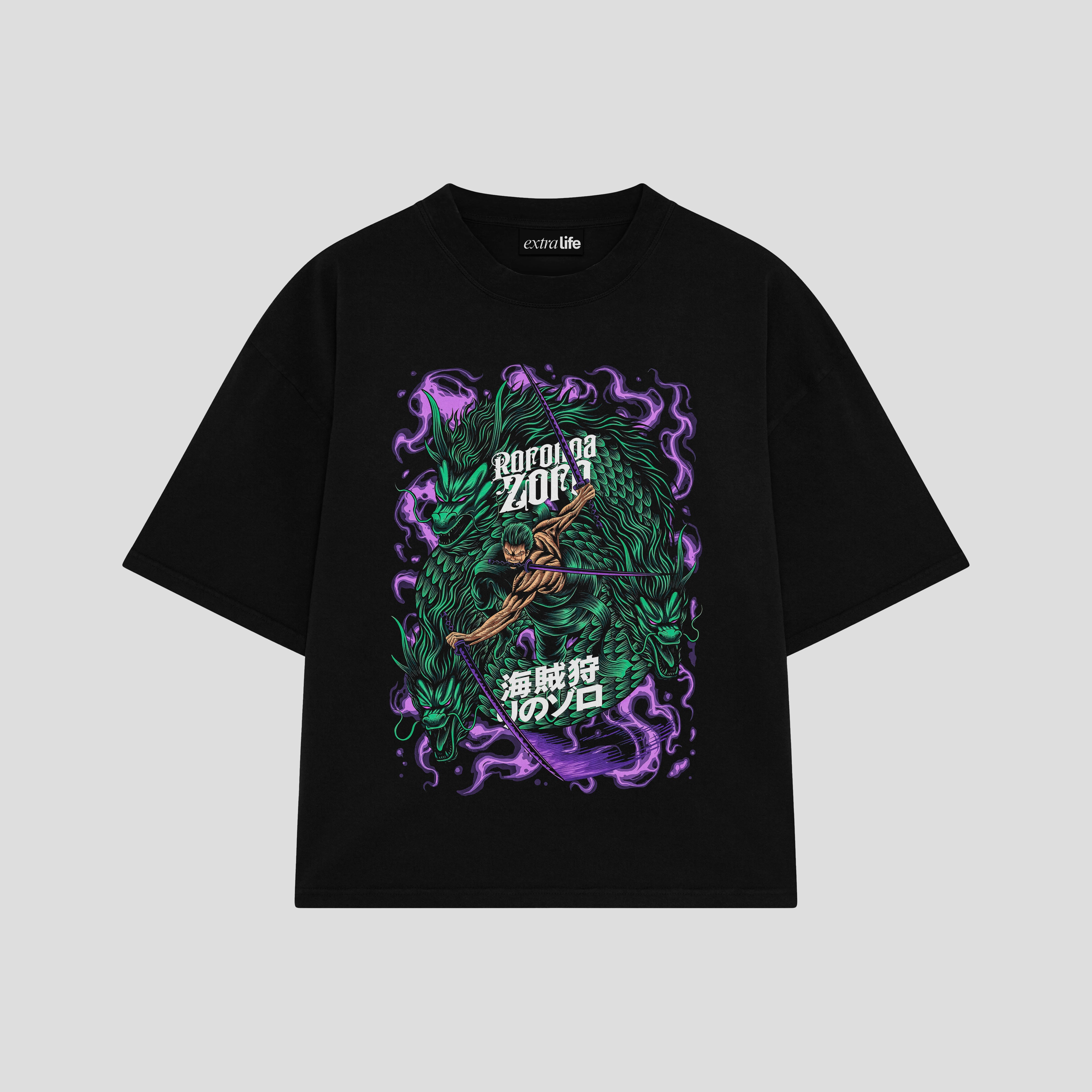 Playera streetwear premium de anime y gaming ExtraLife MX, corte boxy oversized drop shoulder heavyweight en color Deep Black y Off-White, moda urbana mexicana de culto.