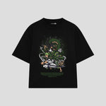 Playera streetwear premium de anime y gaming ExtraLife MX, corte boxy oversized drop shoulder heavyweight en color Deep Black y Off-White, moda urbana mexicana de culto.