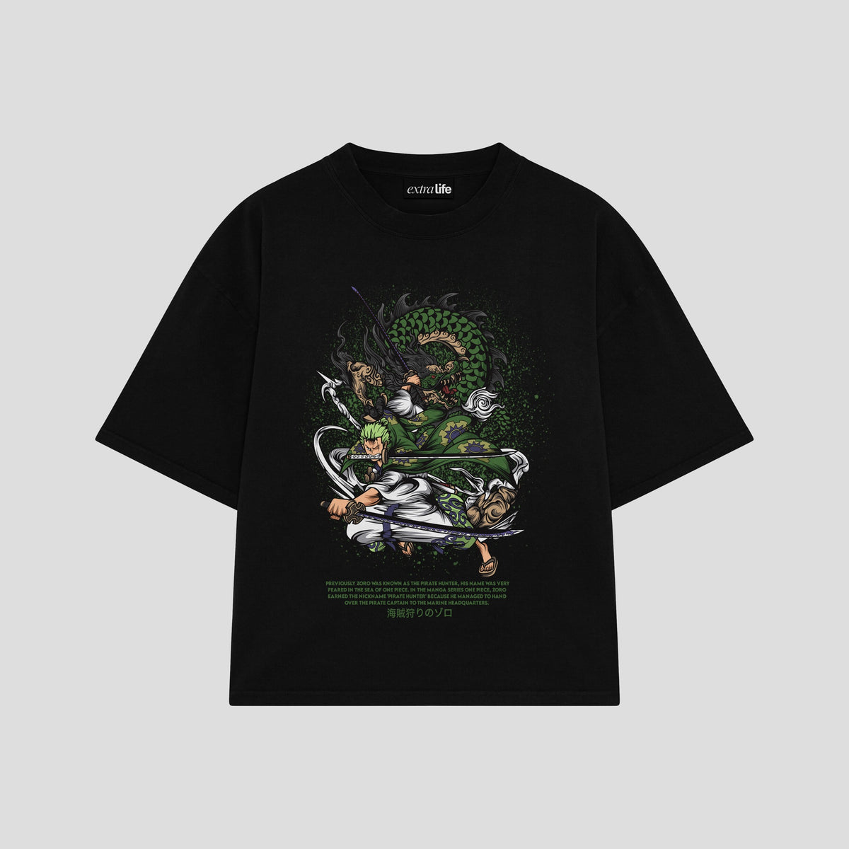 Playera streetwear premium de anime y gaming ExtraLife MX, corte oversized drop shoulder ligero y fresco en color Deep Black y Off-White, moda urbana mexicana de culto.