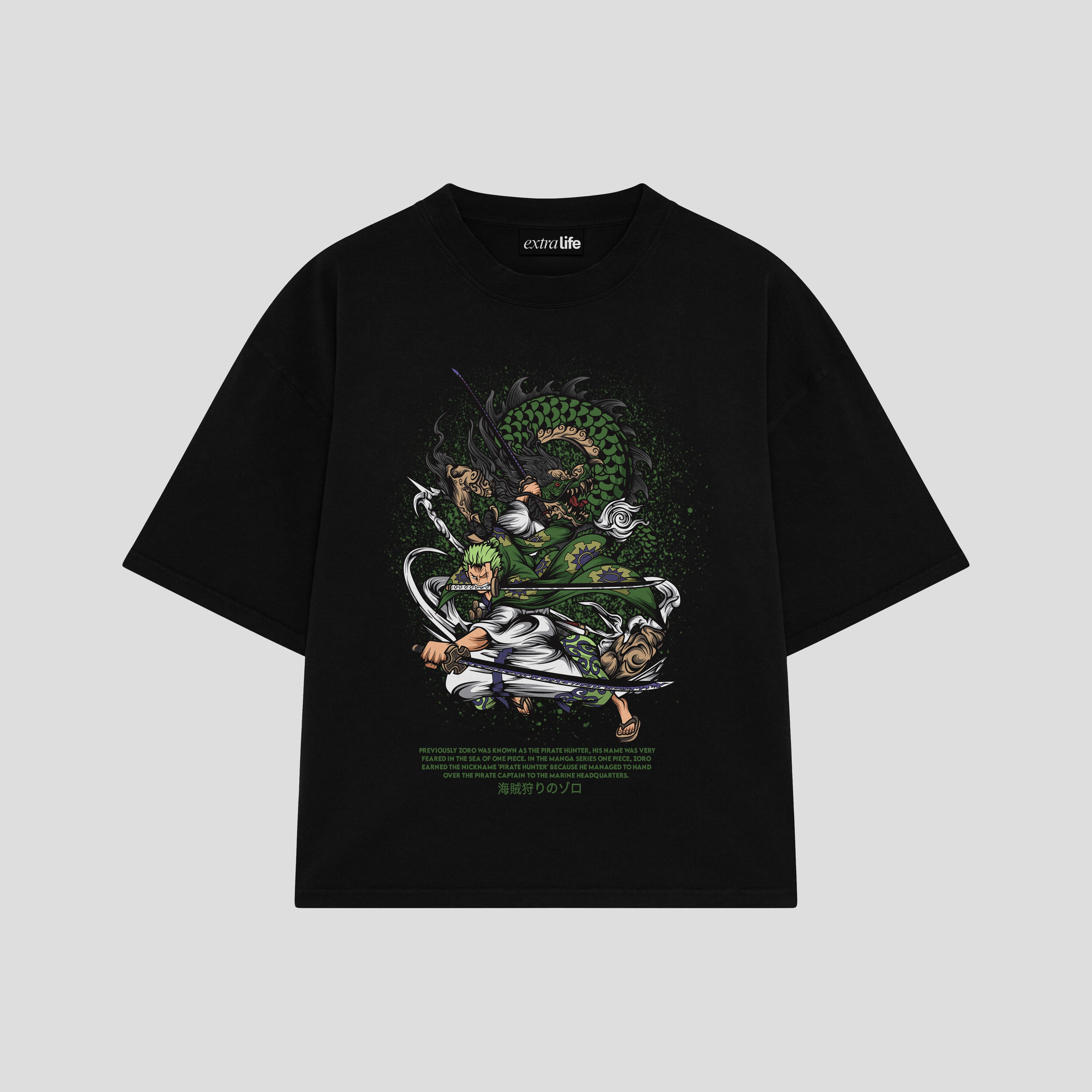 Playera streetwear premium de anime y gaming ExtraLife MX, corte boxy oversized drop shoulder heavyweight en color Deep Black y Off-White, moda urbana mexicana de culto.