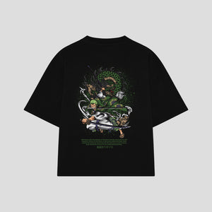 Playera streetwear premium de anime y gaming ExtraLife MX, corte boxy oversized drop shoulder heavyweight en color Deep Black y Off-White, moda urbana mexicana de culto.