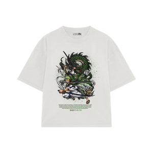 Playera streetwear premium de anime y gaming ExtraLife MX, corte boxy oversized drop shoulder heavyweight en color Deep Black y Off-White, moda urbana mexicana de culto.