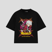 Playera streetwear premium de anime y gaming ExtraLife MX, corte boxy oversized drop shoulder heavyweight en color Deep Black y Off-White, moda urbana mexicana de culto.