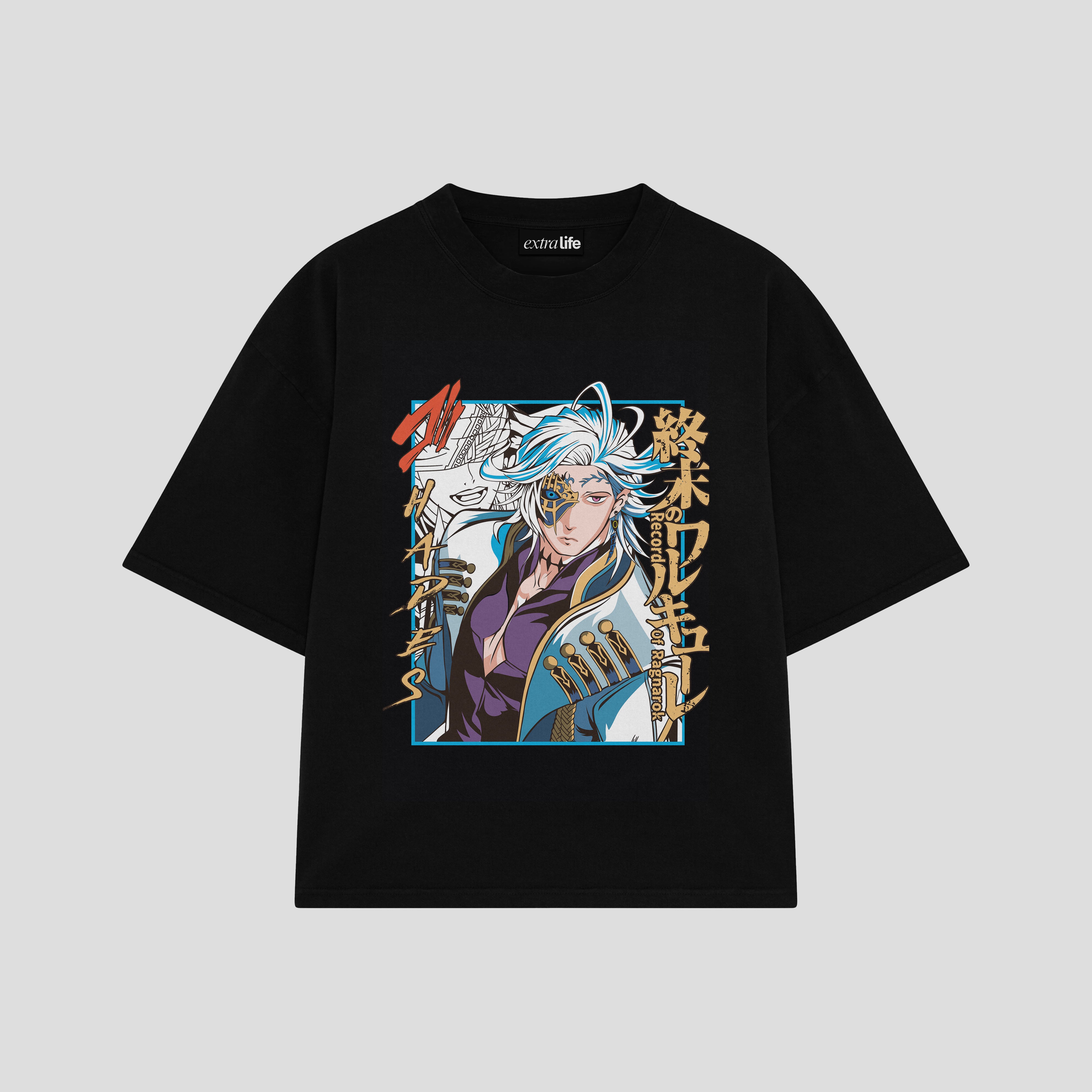 Playera streetwear premium de anime y gaming ExtraLife MX, corte boxy oversized drop shoulder heavyweight en color Deep Black y Off-White, moda urbana mexicana de culto.