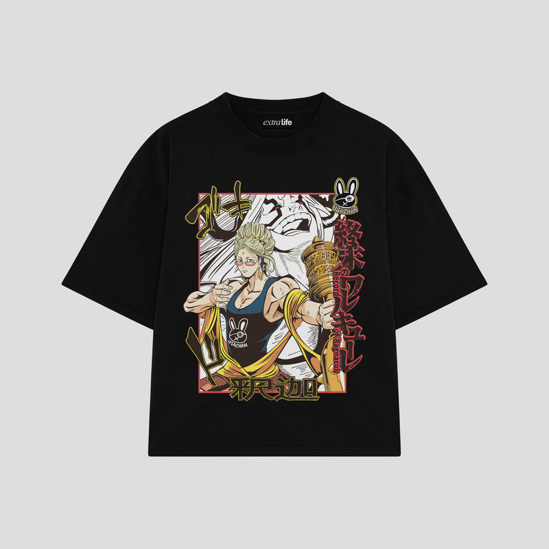 Playera streetwear premium de anime y gaming ExtraLife MX, corte boxy oversized drop shoulder heavyweight en color Deep Black y Off-White, moda urbana mexicana de culto.