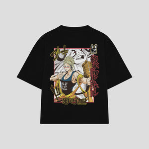 Playera streetwear premium de anime y gaming ExtraLife MX, corte boxy oversized drop shoulder heavyweight en color Deep Black y Off-White, moda urbana mexicana de culto.