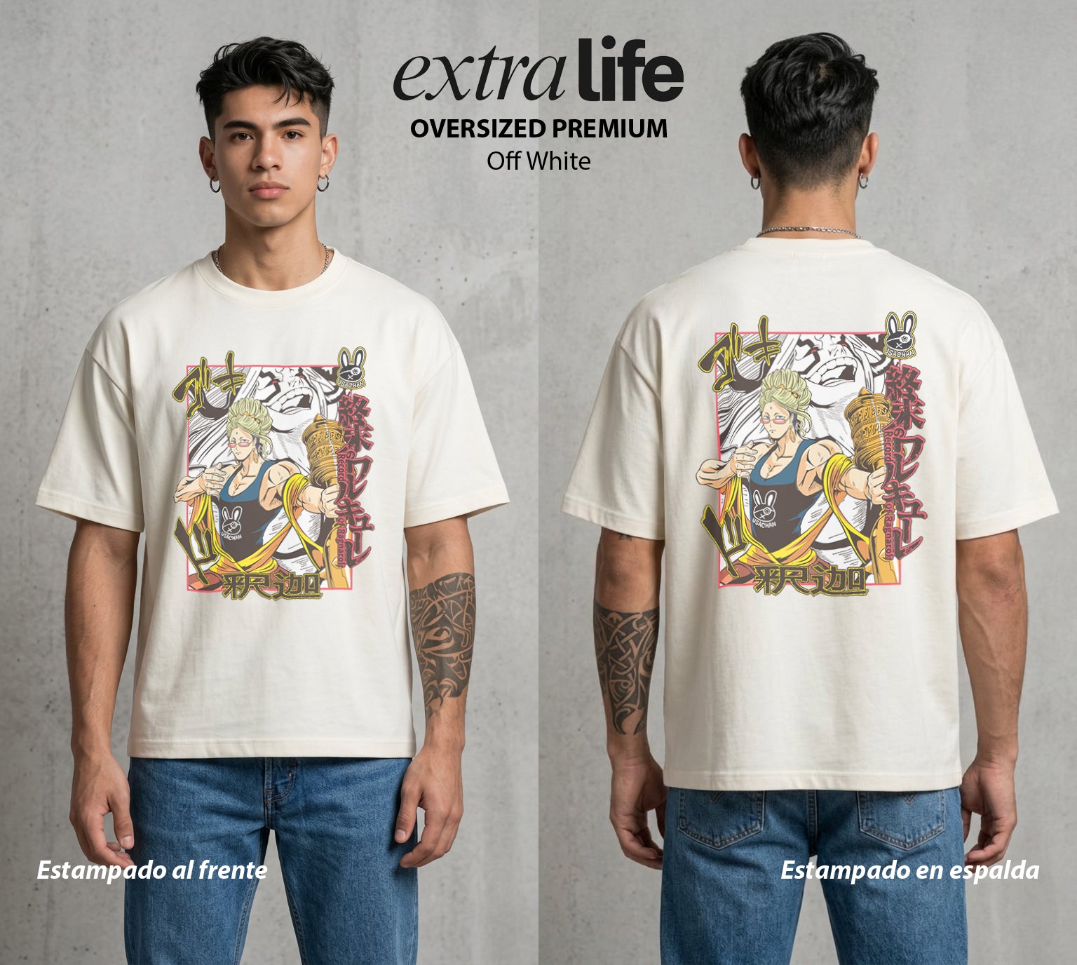 El Ragnarok Final | Conejo del Apocalipsis #04815 - Playera Oversized Premium | Off White - Foto en modelo