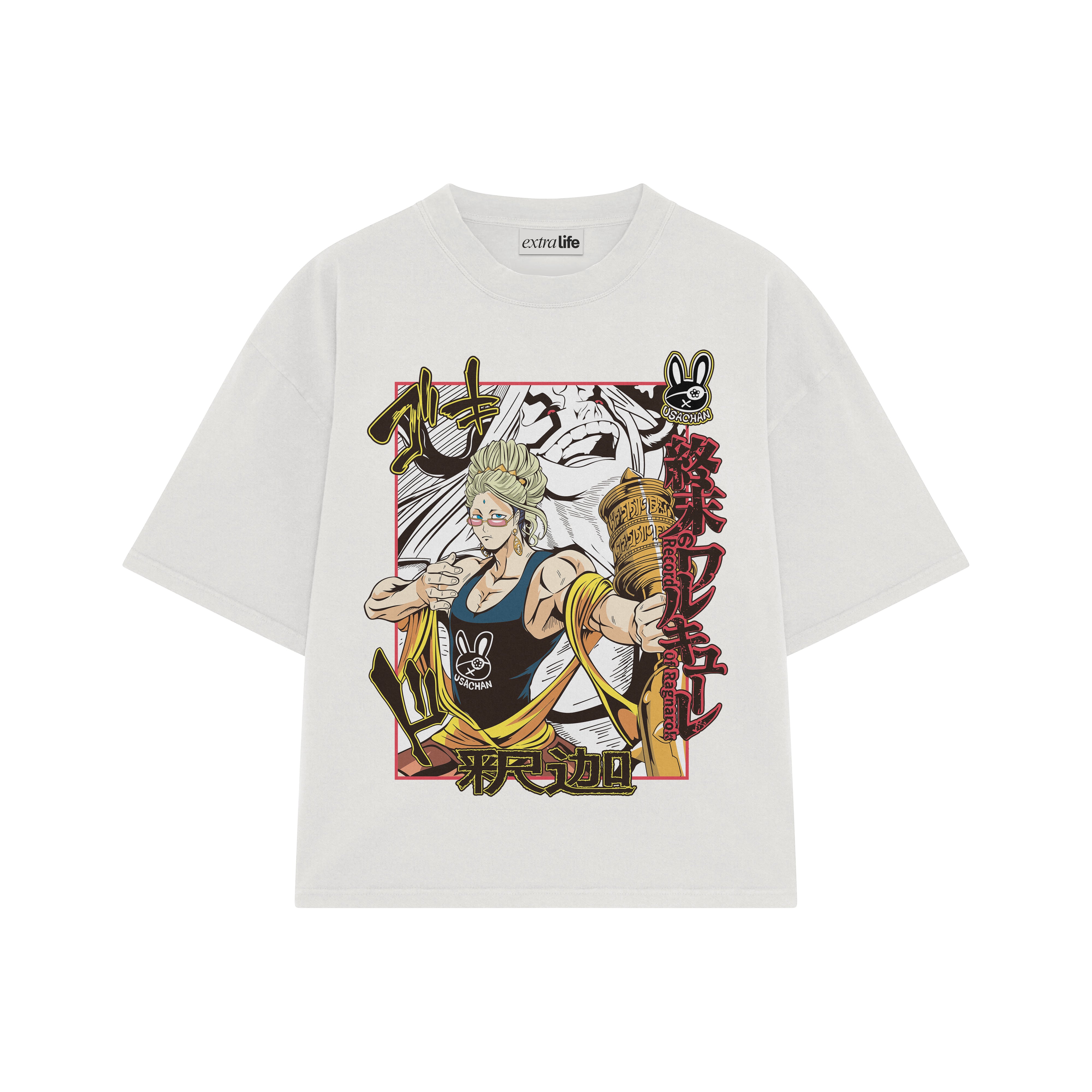 Playera streetwear premium de anime y gaming ExtraLife MX, corte boxy oversized drop shoulder heavyweight en color Deep Black y Off-White, moda urbana mexicana de culto.