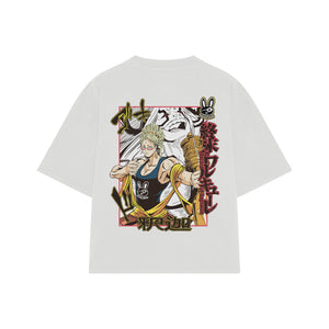 Playera streetwear premium de anime y gaming ExtraLife MX, corte boxy oversized drop shoulder heavyweight en color Deep Black y Off-White, moda urbana mexicana de culto.