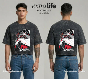 Playera streetwear premium de anime y gaming ExtraLife MX, corte boxy deluxe mineral wash heavyweight en color Acid Wash, moda urbana mexicana de culto.