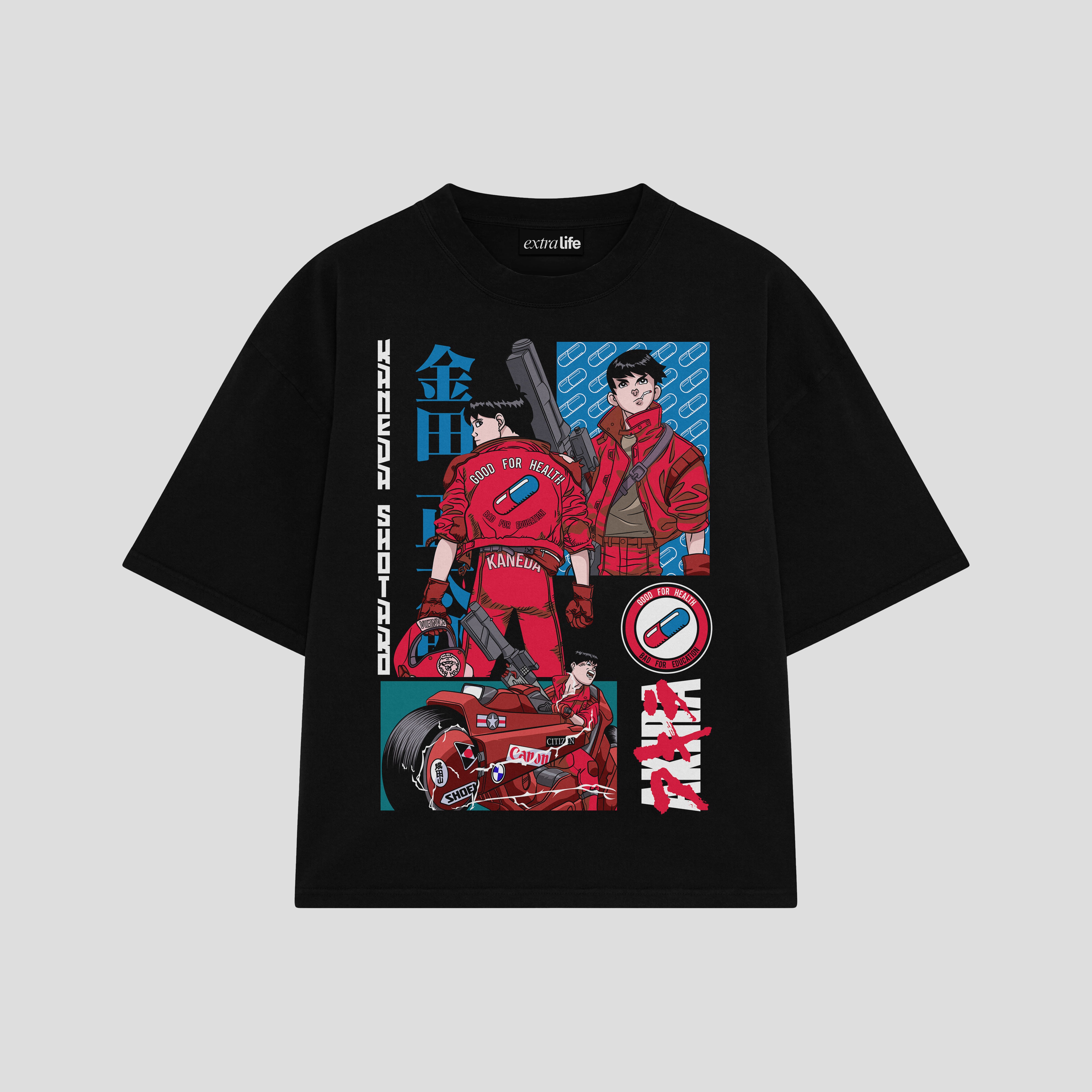 Playera streetwear premium de anime y gaming ExtraLife MX, corte boxy oversized drop shoulder heavyweight en color Deep Black y Off-White, moda urbana mexicana de culto.