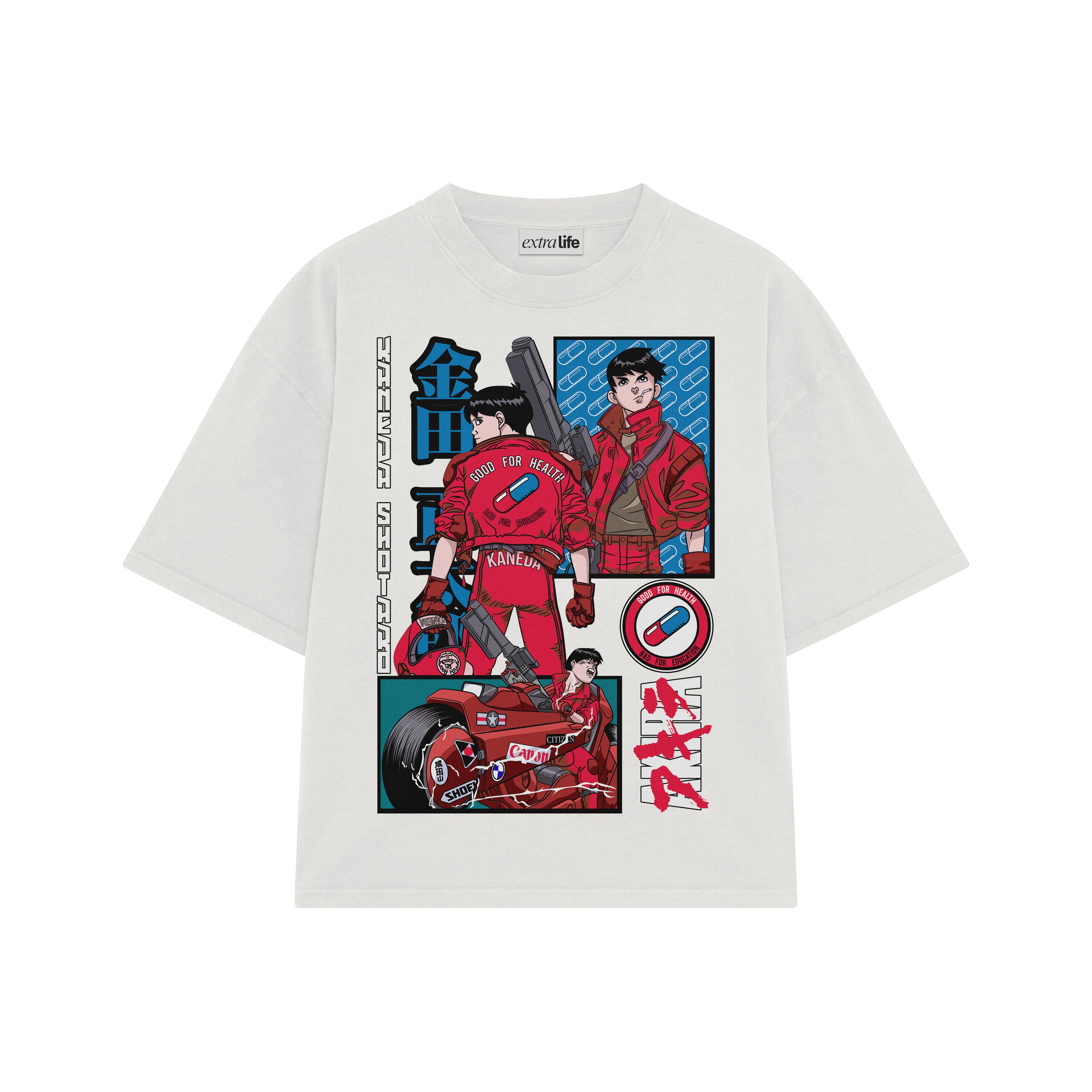 Playera streetwear premium de anime y gaming ExtraLife MX, corte boxy oversized drop shoulder heavyweight en color Deep Black y Off-White, moda urbana mexicana de culto.