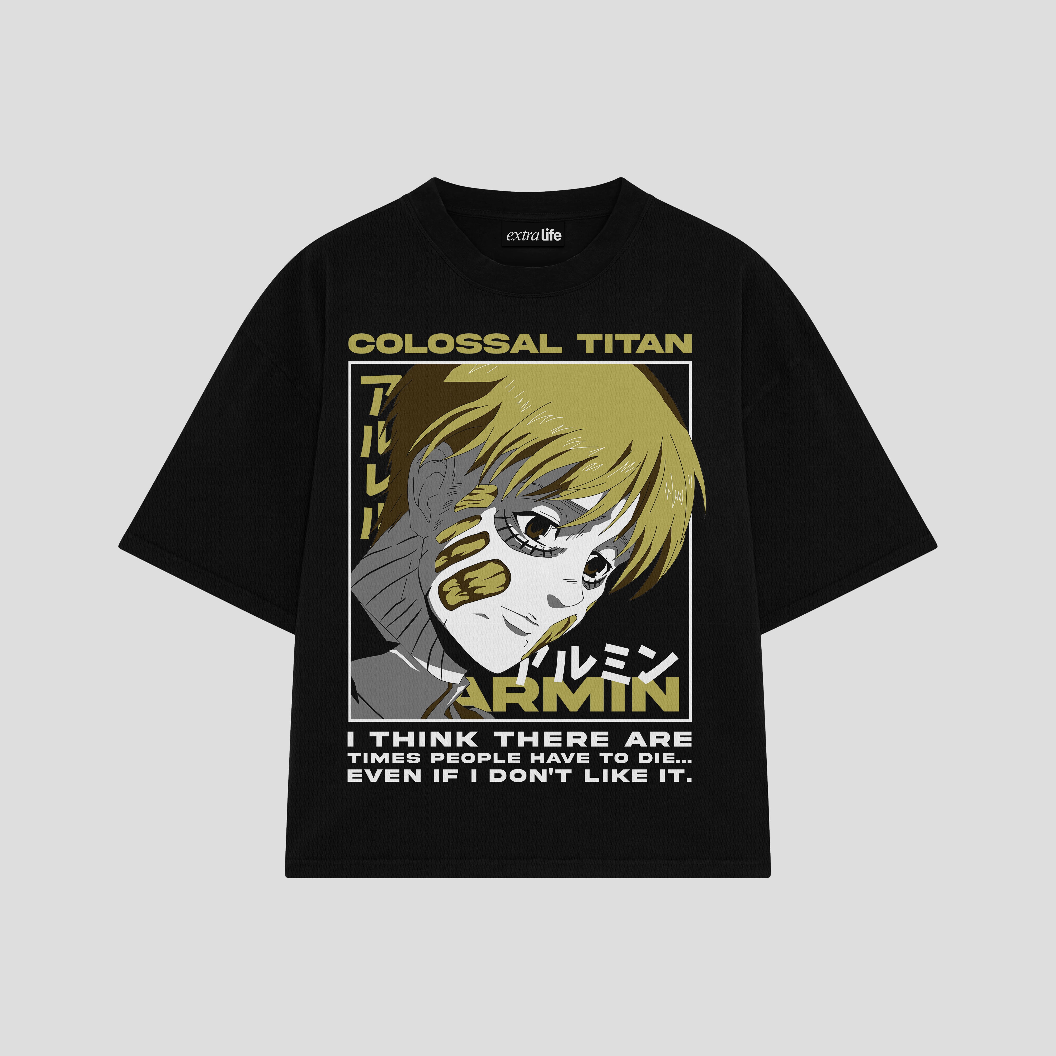 Playera streetwear premium de anime y gaming ExtraLife MX, corte boxy oversized drop shoulder heavyweight en color Deep Black y Off-White, moda urbana mexicana de culto.