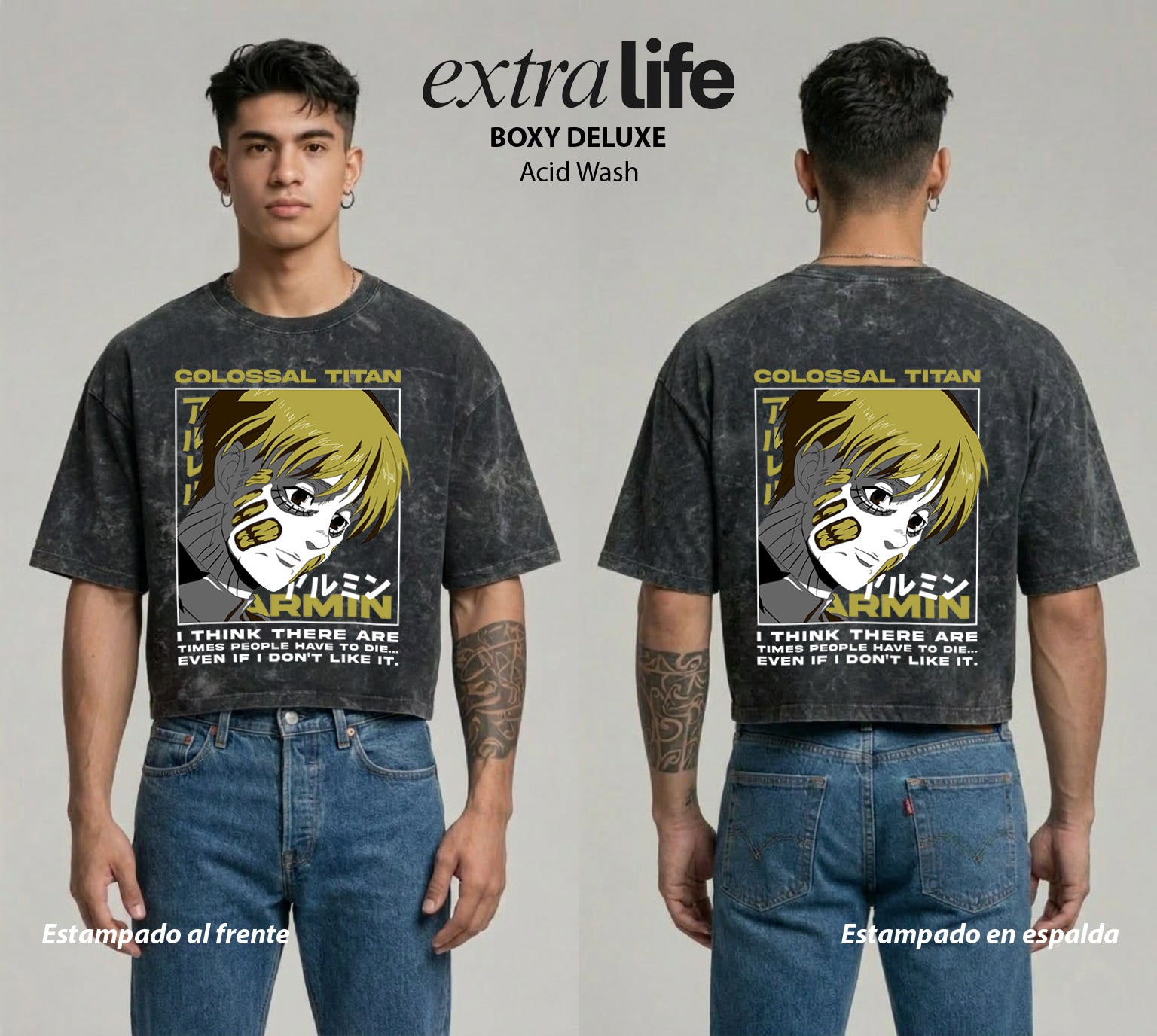 Playera streetwear premium de anime y gaming ExtraLife MX, corte boxy deluxe mineral wash heavyweight en color Acid Wash, moda urbana mexicana de culto.
