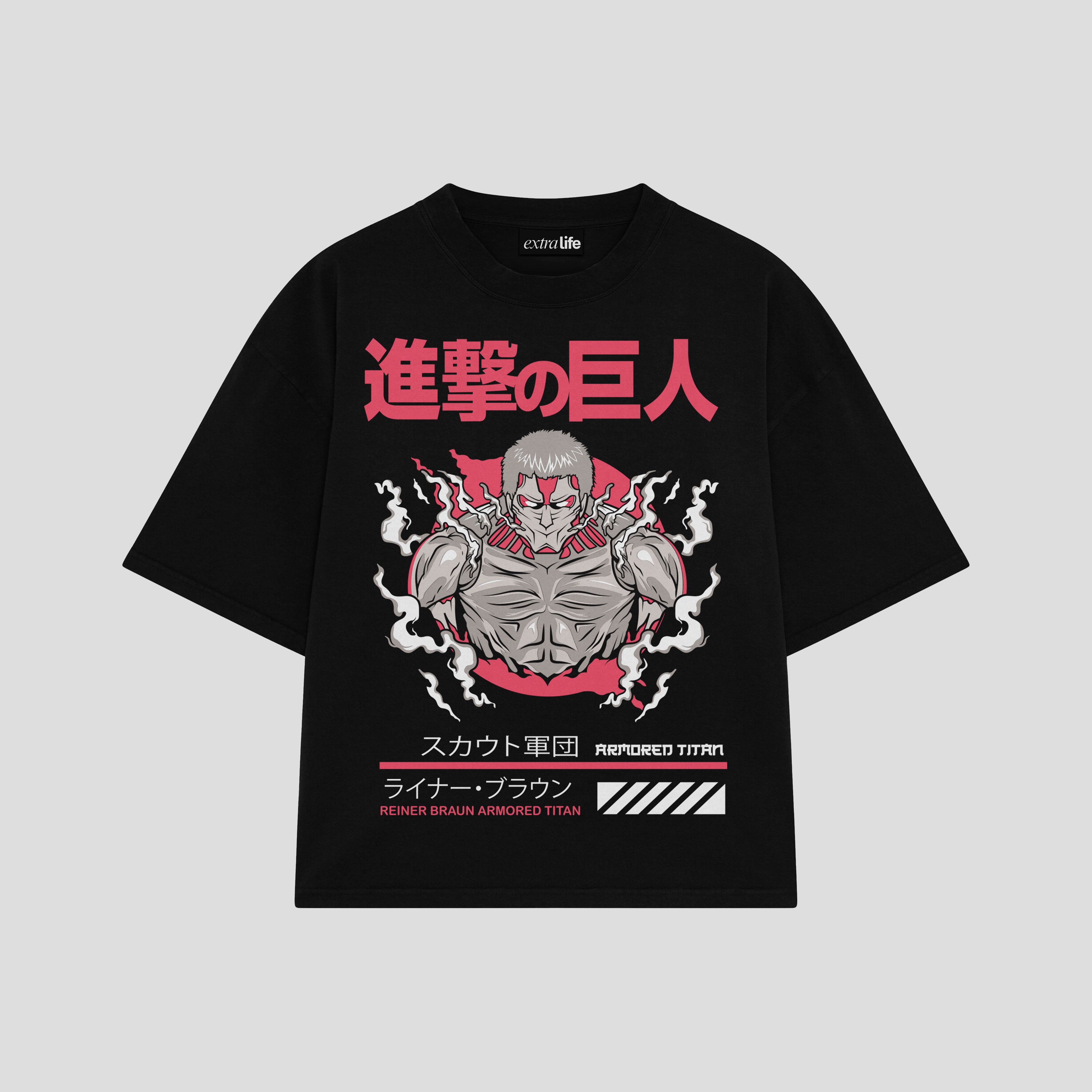 Playera streetwear premium de anime y gaming ExtraLife MX, corte boxy oversized drop shoulder heavyweight en color Deep Black y Off-White, moda urbana mexicana de culto.